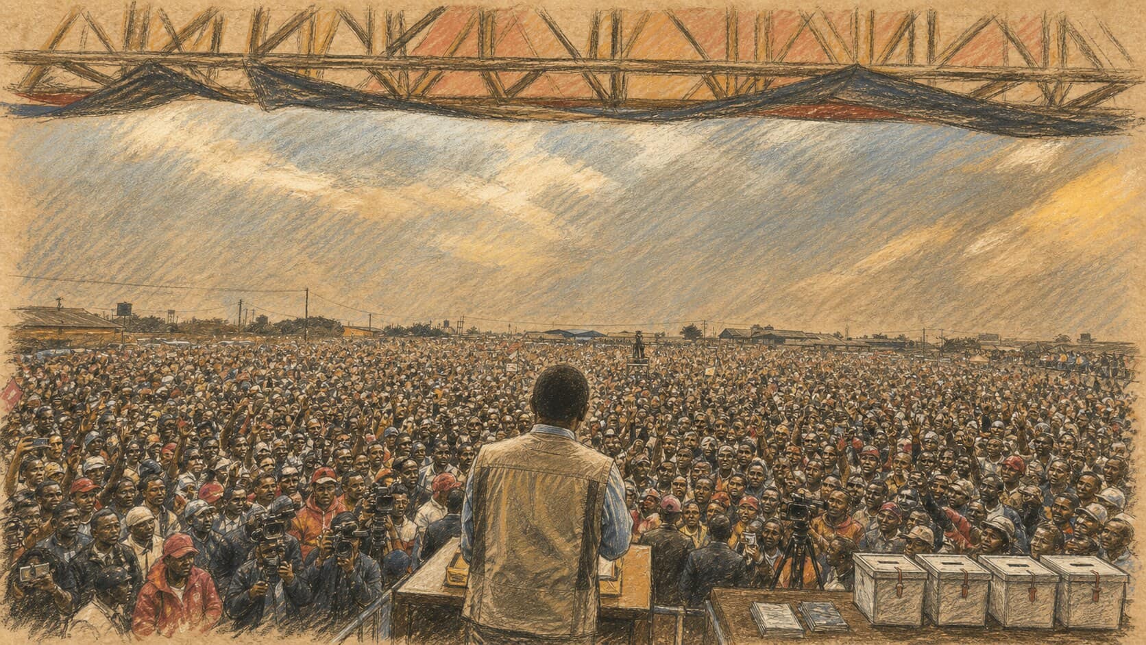 Courtroom-sketch editorial illustration of Zambian President Hakainde Hichilema addressing an immense election crowd from behind, with sealed ballot boxes at the stage edge, rendered in warm ochre and slate-blue pastel strokes.