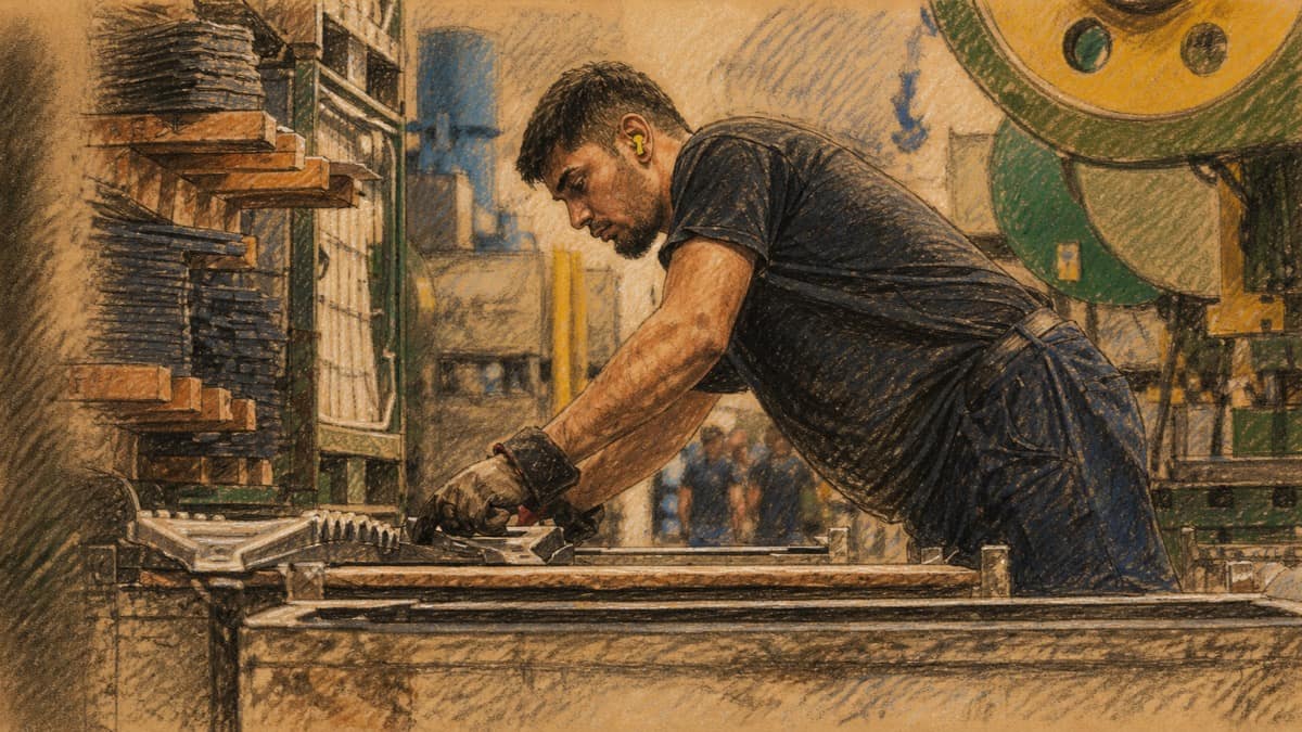 Courtroom-sketch editorial illustration of an Argentine factory worker in gloves and ear protection operating a metal press amid green and yellow machinery, rendered in warm ochre and slate-blue pastel strokes.