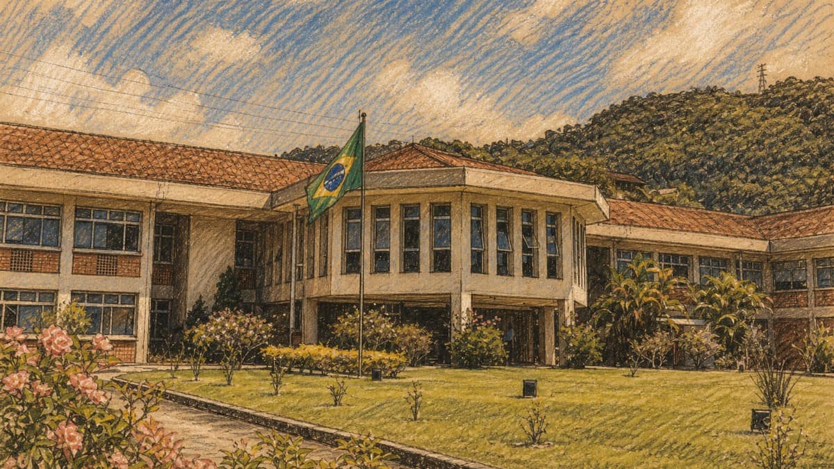 Courtroom-sketch editorial illustration of Brazil's National Laboratory for Scientific Computing headquarters, gardens and Brazilian flag beneath a forested hillside, rendered in warm ochre and slate-blue pastel strokes.