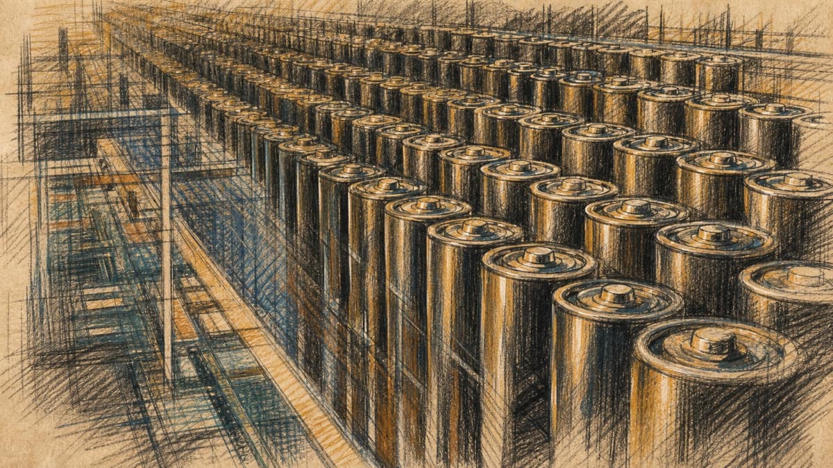 Courtroom-sketch editorial illustration of long receding rows of advanced cylindrical battery cells in an industrial research setting, rendered in warm ochre and slate-blue pastel strokes.