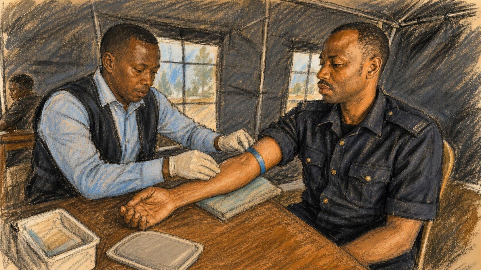 Courtroom-sketch editorial illustration of a Rwandan police officer participating in a calm, non-graphic blood-donation drive while a health worker prepares his arm, rendered in warm ochre and slate-blue pastel strokes.