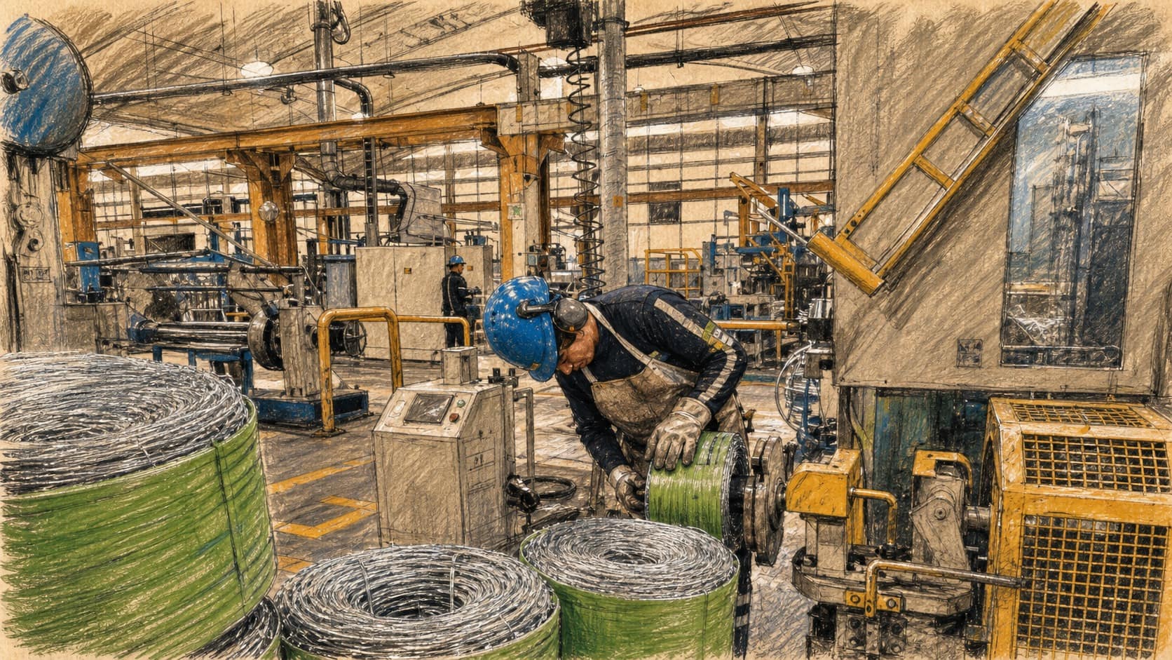 Courtroom-sketch editorial illustration of an Ecuadorian factory worker tending green coils of manufactured wire beside yellow-guarded industrial machinery, rendered in warm ochre and slate-blue pastel strokes.