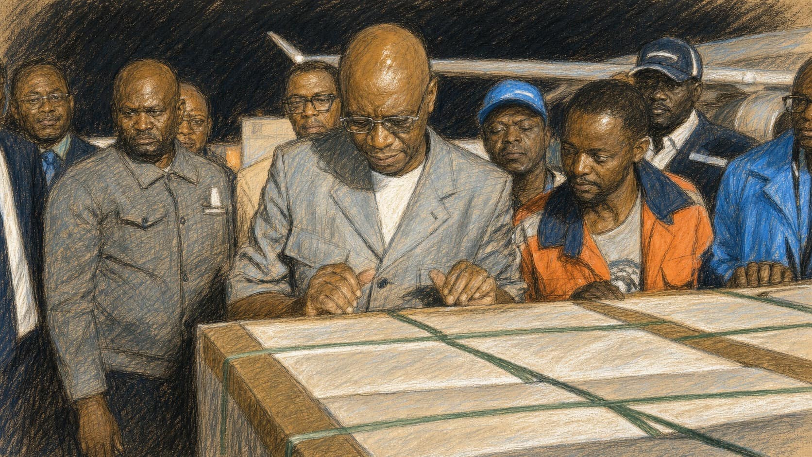 Courtroom-sketch editorial illustration of Health Minister Samuel Roger Kamba leaning over strap-banded vaccine cargo boxes on a nighttime airport tarmac as an aid worker and officials gather around him, rendered in warm ochre and slate-blue pastel strokes.