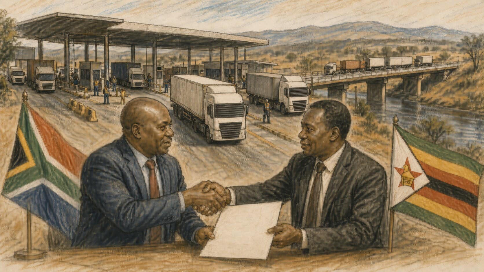 Courtroom-sketch editorial illustration of South African and Zimbabwean trade officials shaking hands before moving trucks, Beitbridge's border complex and the Limpopo crossing, rendered in warm ochre and slate-blue pastel strokes.