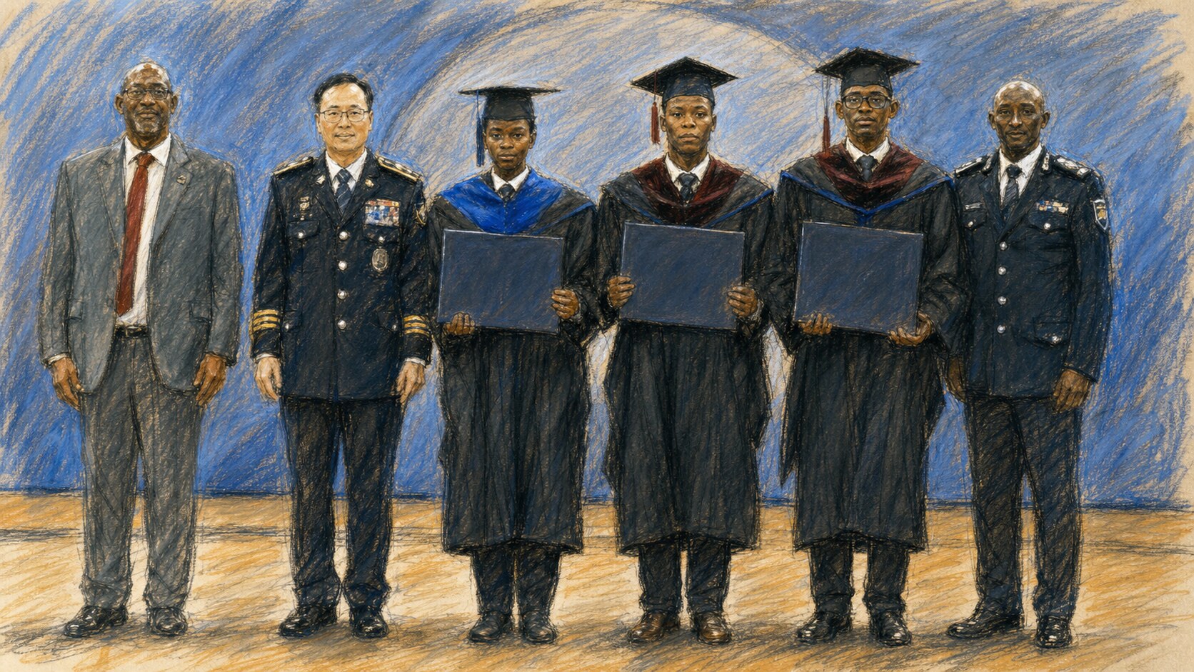 Courtroom-sketch editorial illustration of three Rwandan law-enforcement graduates standing with officials at the Korean National Police University, holding plain degree folders, rendered in warm ochre and slate-blue pastel strokes.