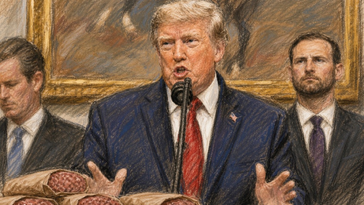 Courtroom-sketch editorial illustration of President Donald Trump speaking into a central microphone with open hands, two officials behind him, and unbranded butcher-paper beef packages in the foreground, rendered in warm ochre and slate-blue pastel strokes.