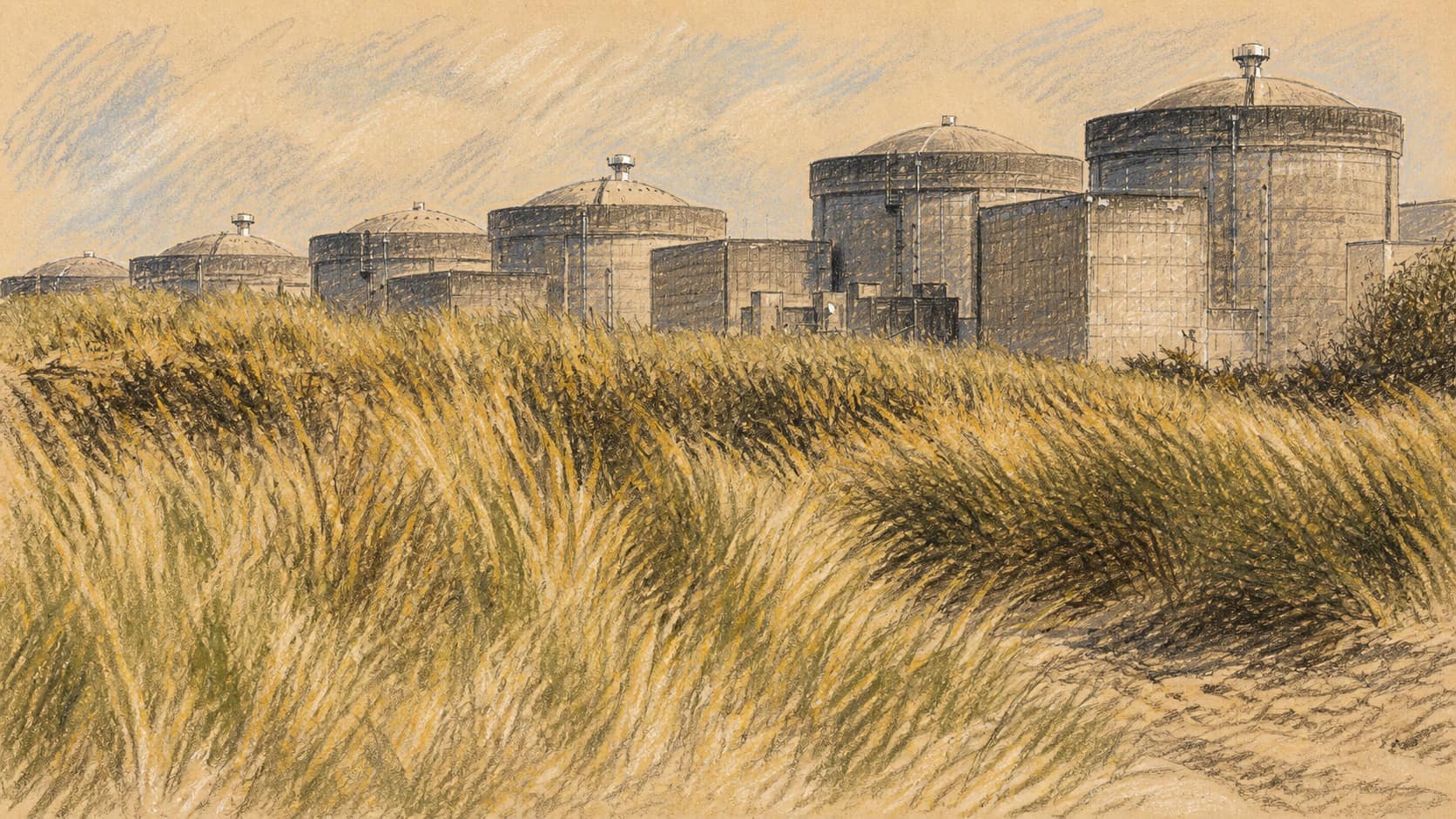 Courtroom-sketch editorial illustration of six massive grey reactor containment domes at the Gravelines nuclear plant receding behind windswept green-gold coastal dune grass, rendered in warm ochre and slate-blue pastel strokes.