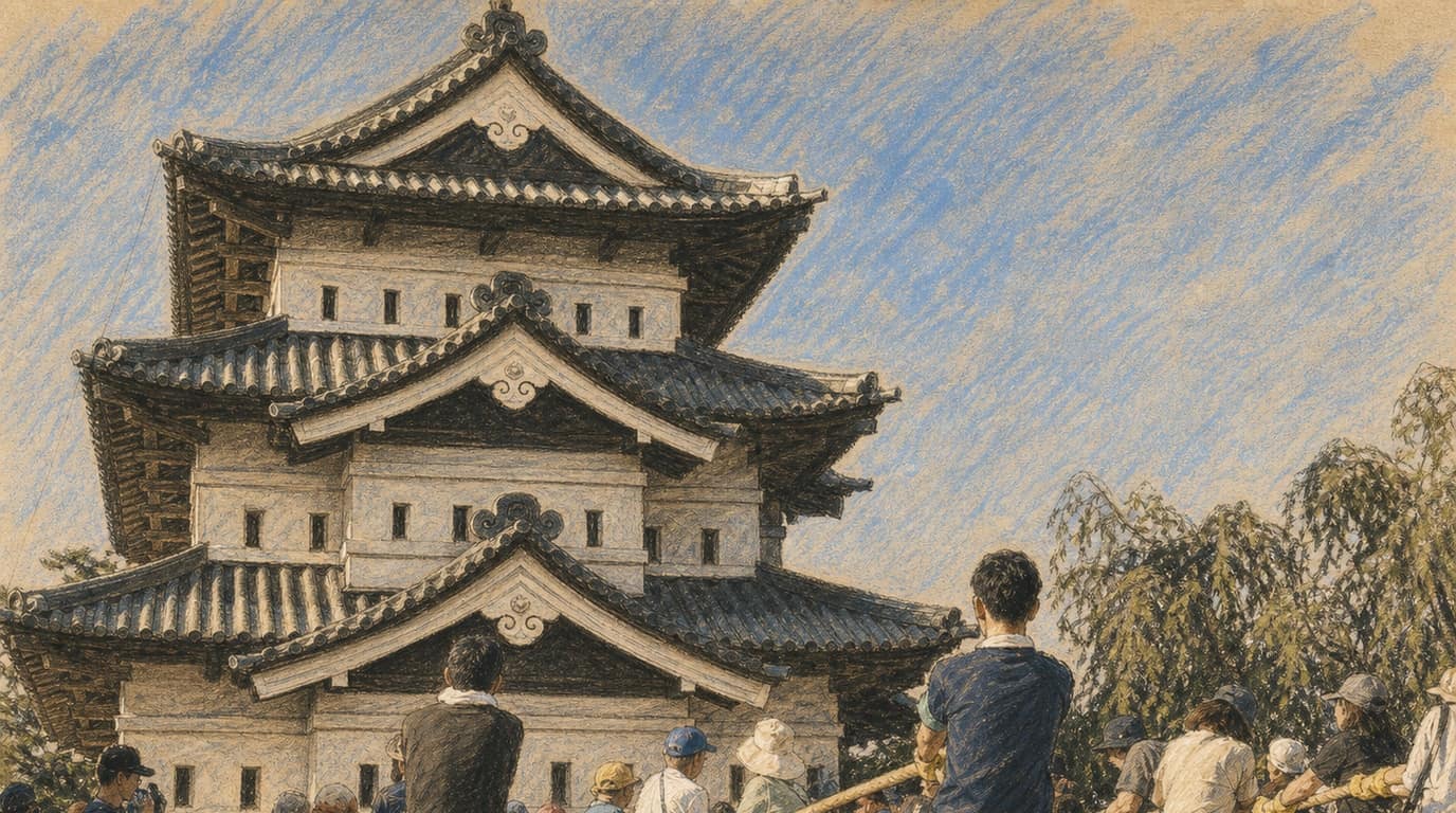 Courtroom-sketch editorial illustration of a large crowd pulling thick ropes before the white Hirosaki Castle keep, rendered in warm ochre and slate-blue pastel strokes.