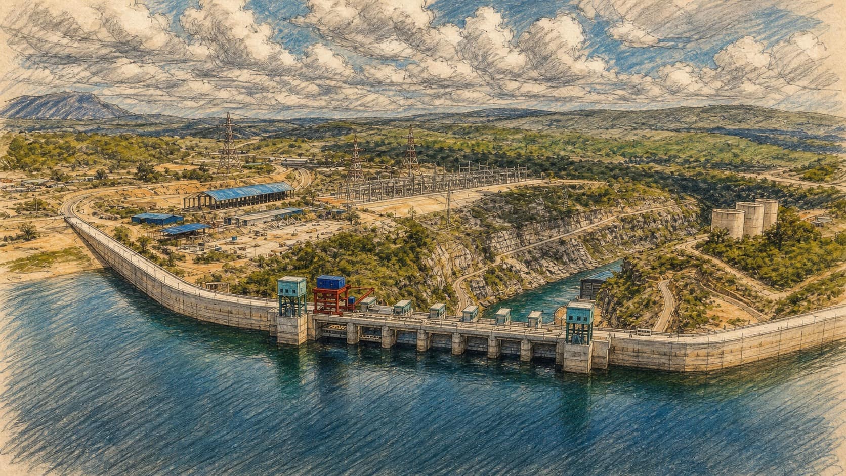 Courtroom-sketch editorial illustration of Tanzania's Julius Nyerere hydropower dam curving across a turquoise reservoir below its switchyard, rocky tailrace and green hills, rendered in warm ochre and slate-blue pastel strokes.