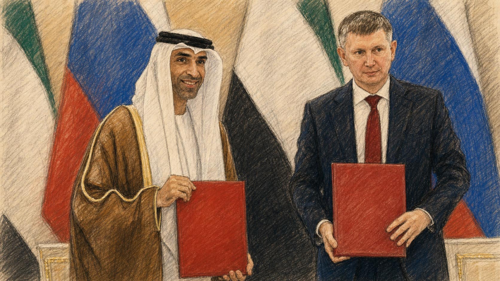 Courtroom-sketch editorial illustration of Emirati and Russian officials holding plain red document folders at a formal ceremony before alternating national flags, rendered in warm ochre and slate-blue pastel strokes.