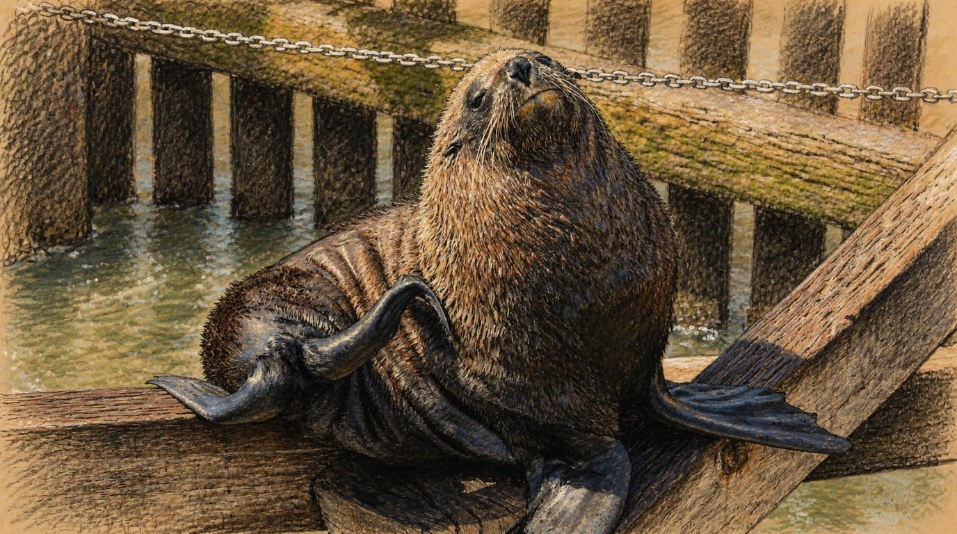 Courtroom-sketch editorial illustration of a long-nosed fur seal resting across weathered pier beams above green harbor water, rendered in warm ochre and slate-blue pastel strokes.