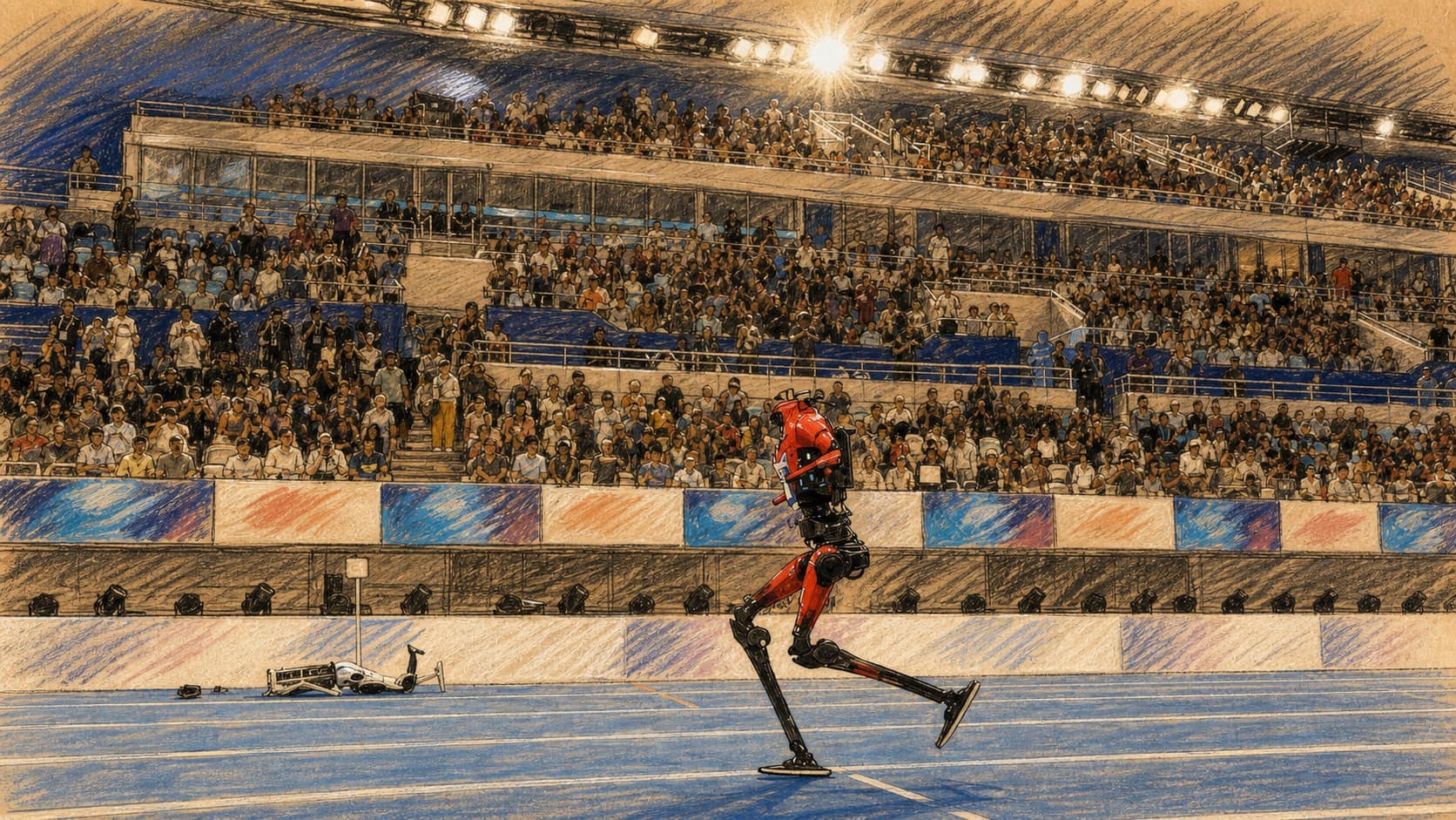Courtroom-sketch editorial illustration of a red-and-black humanoid robot sprinting on a blue indoor athletics track before packed spectator stands and stadium lights, rendered in warm ochre and slate-blue pastel strokes.