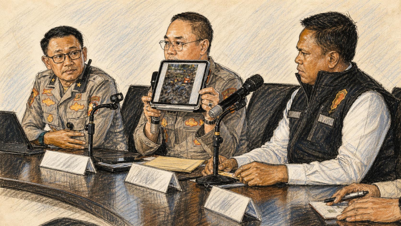 Courtroom-sketch editorial illustration of Indonesian police officials at a press table as the central officer displays a tablet with aerial fire-damage evidence, rendered in warm ochre and slate-blue pastel strokes.