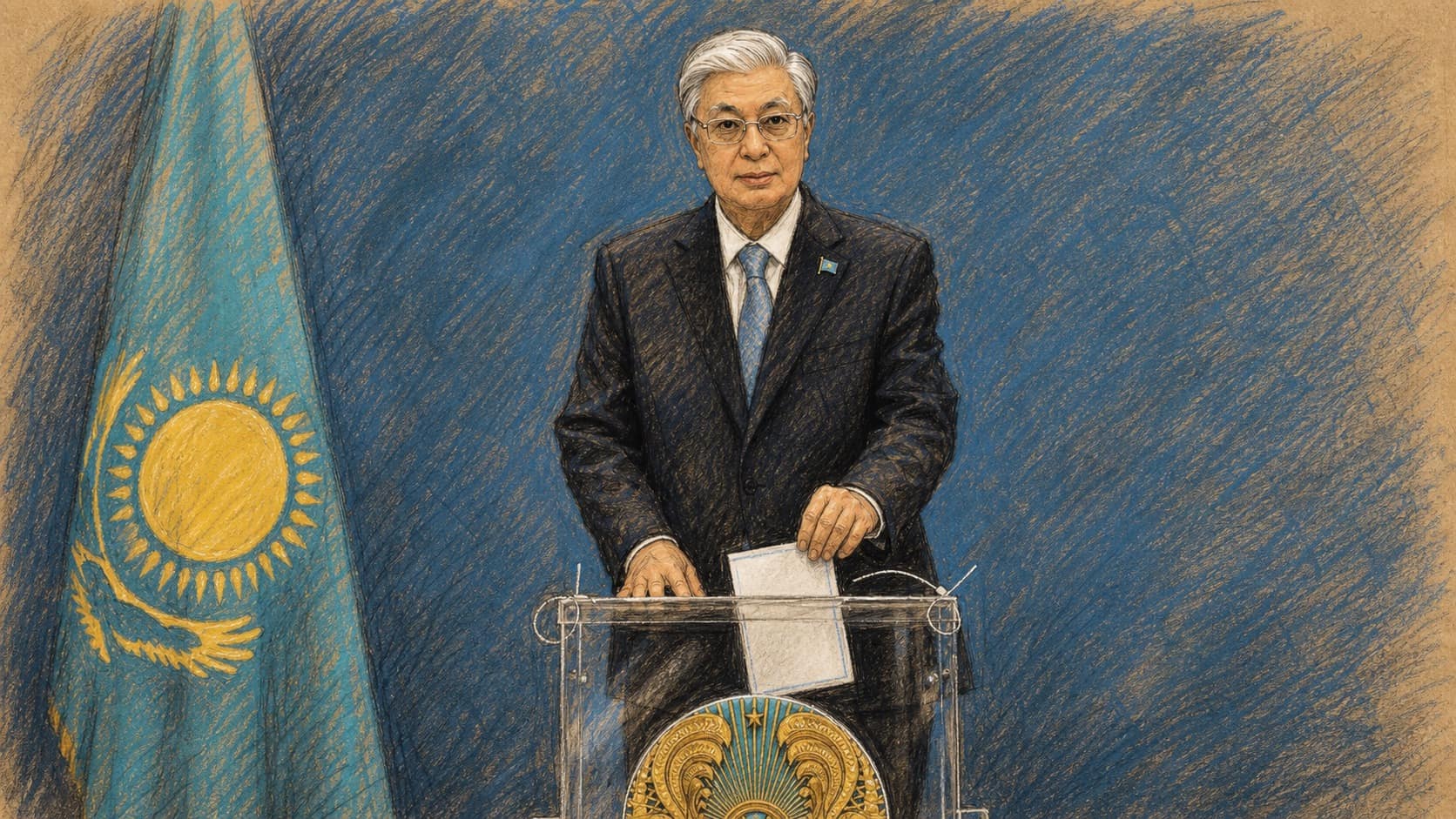 Courtroom-sketch editorial illustration of President Kassym-Jomart Tokayev lowering a folded ballot into a transparent box beside Kazakhstan's blue-and-gold flag, rendered in warm ochre and slate-blue pastel strokes.