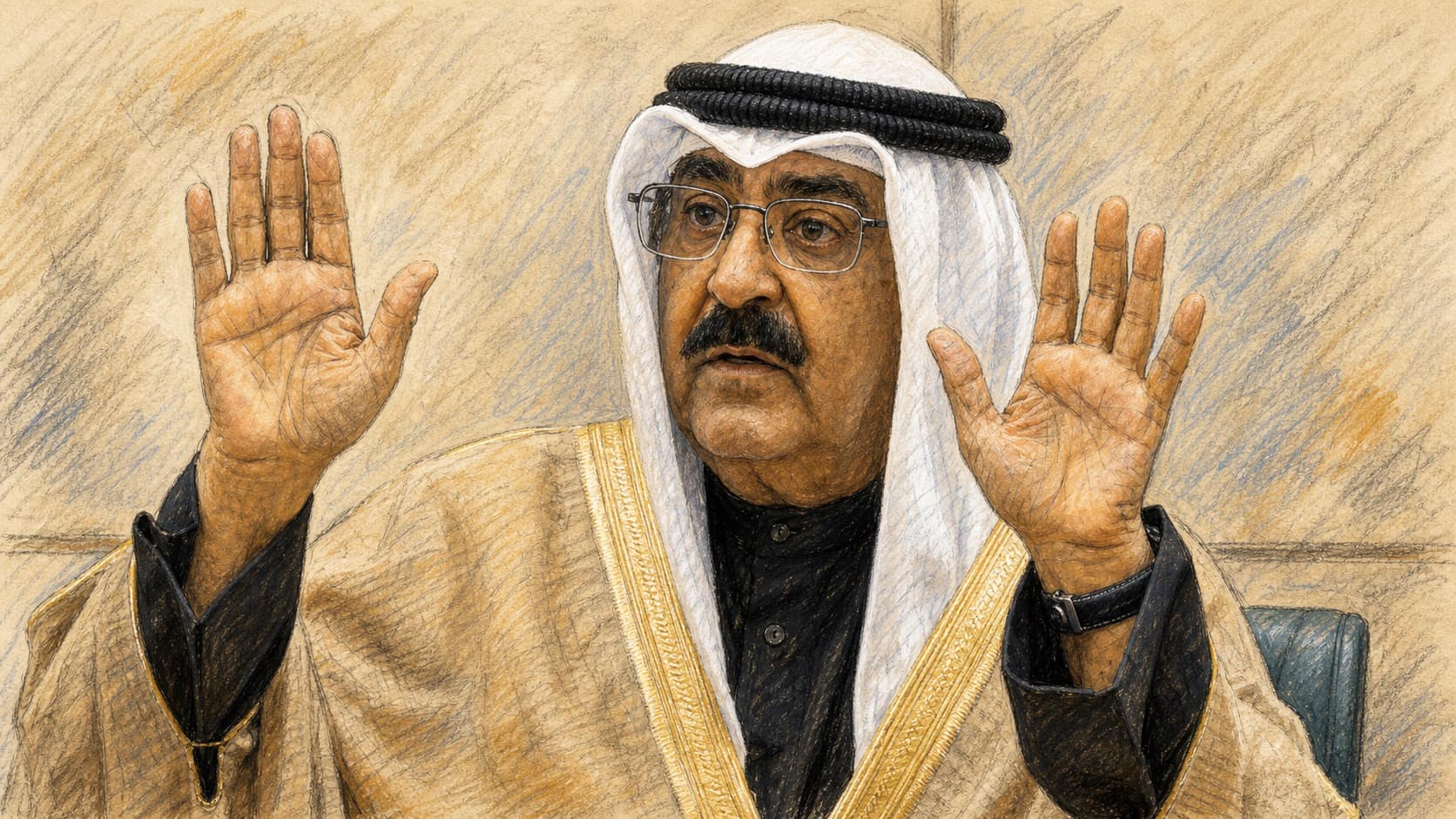 Courtroom-sketch editorial illustration of Kuwait's Emir Sheikh Meshal al-Ahmad al-Jaber al-Sabah in traditional dress raising both open hands as he speaks, rendered in warm ochre and slate-blue pastel strokes.