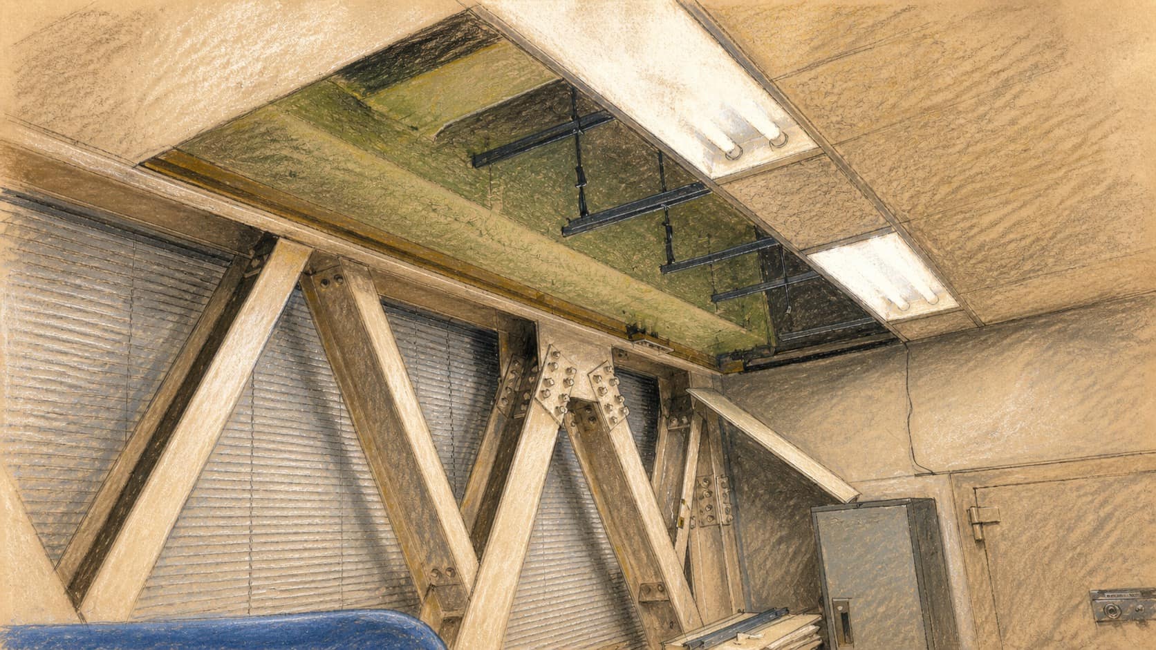 Courtroom-sketch editorial illustration of an earthquake-damaged Japanese office ceiling with missing tiles exposing green backing and support rails above white braces, blinds and displaced material, rendered in warm ochre and slate-blue pastel strokes.