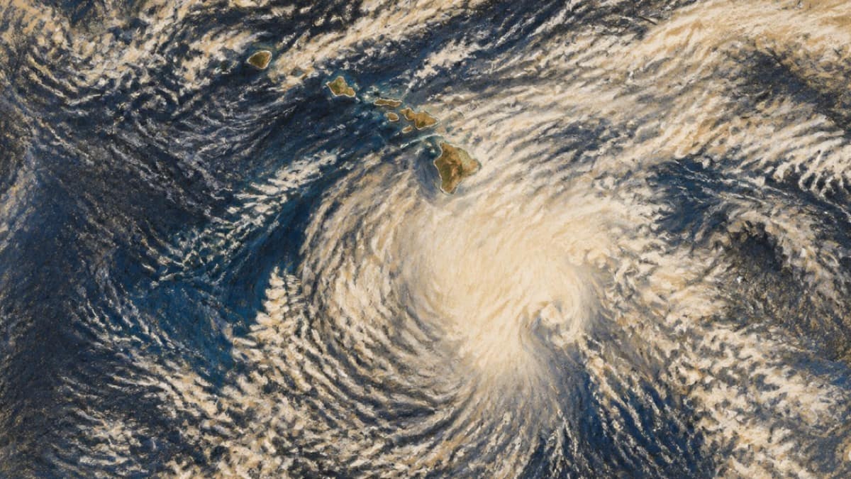 Courtroom-sketch editorial illustration of the Hawaiian island chain above the broad spiral of Tropical Storm Moke over the Pacific, with dense cloud bands curling around a pale central mass, rendered in warm ochre and slate-blue pastel strokes.