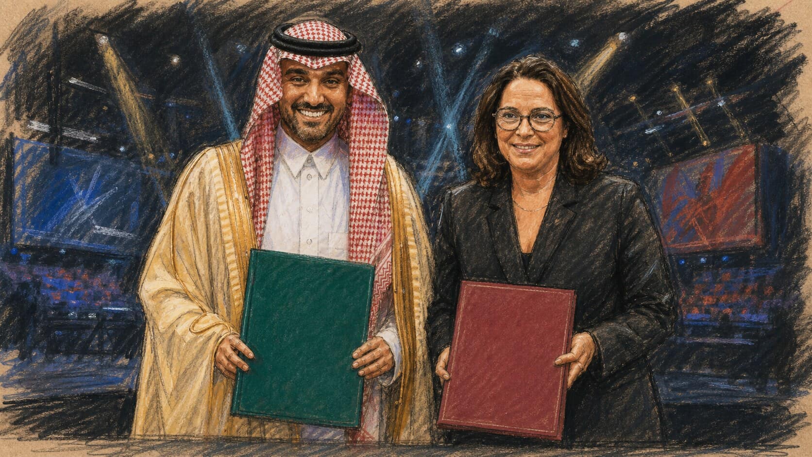 Courtroom-sketch editorial illustration of the Saudi and French sports ministers exchanging plain memorandum folders in Paris against a softly lit esports-event backdrop, rendered in warm ochre and slate-blue pastel strokes.