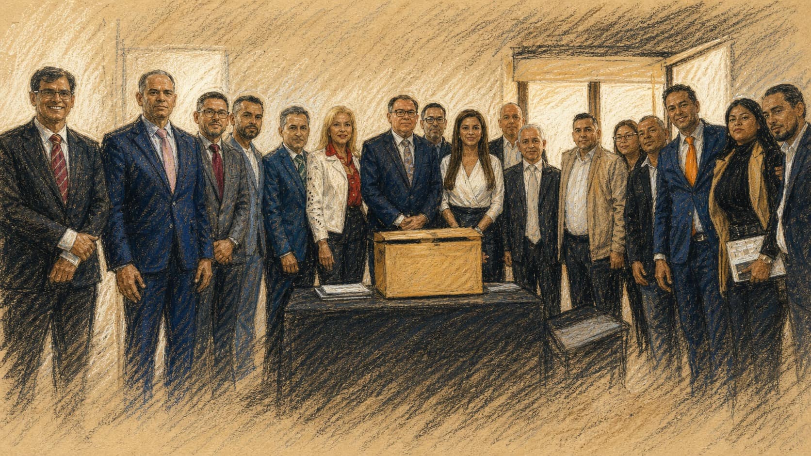 Courtroom-sketch editorial illustration of Colombian national and Tolima officials gathered in a meeting room behind a central document box, rendered in warm ochre and slate-blue pastel strokes.