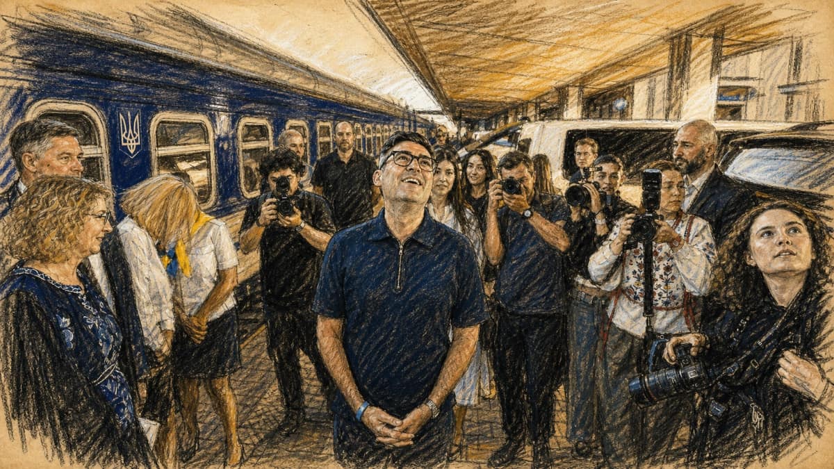Courtroom-sketch editorial illustration of UK Prime Minister Andy Burnham arriving at a Kyiv railway platform beside a Ukrainian train and press photographers, rendered in warm ochre and slate-blue pastel strokes.