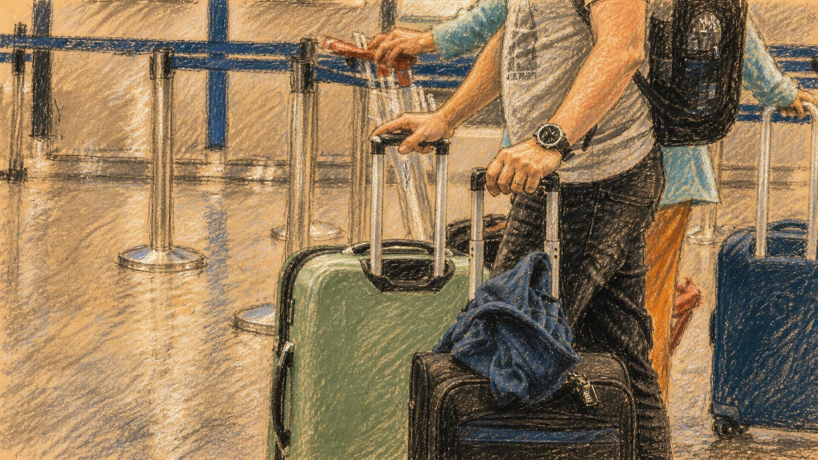 Courtroom-sketch editorial illustration of travelers holding rolling luggage at an airport check-in area, rendered in warm ochre and slate-blue pastel strokes.