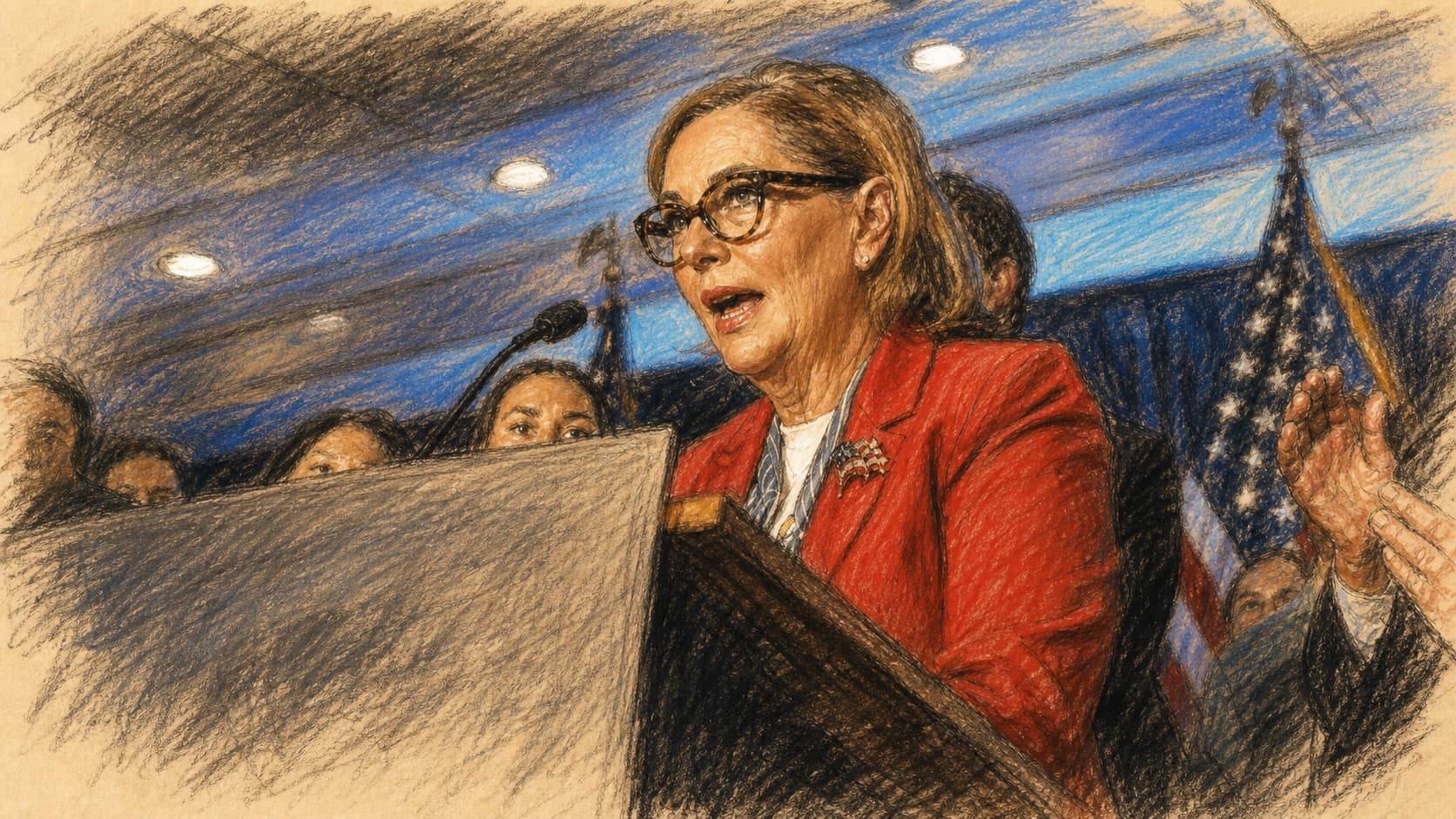 Courtroom-sketch editorial illustration of U.S. Senator Darline Graham speaking at a victory-night lectern in a red blazer, with supporters and American flags behind her, rendered in warm ochre and slate-blue pastel strokes.