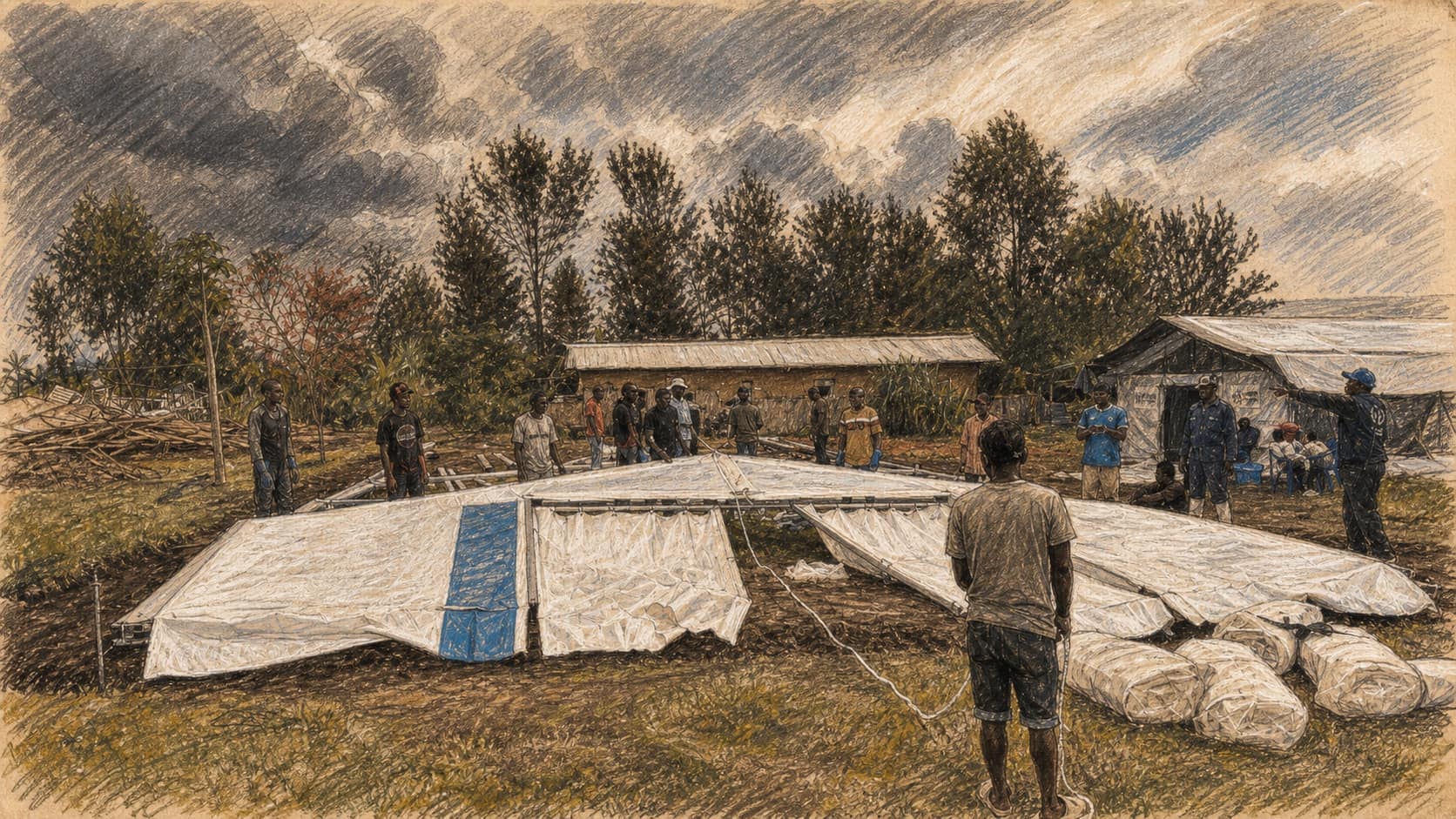 Courtroom-sketch editorial illustration of response workers assembling a white emergency treatment tent in a rural Congolese field beneath storm clouds, rendered in warm ochre and slate-blue pastel strokes.