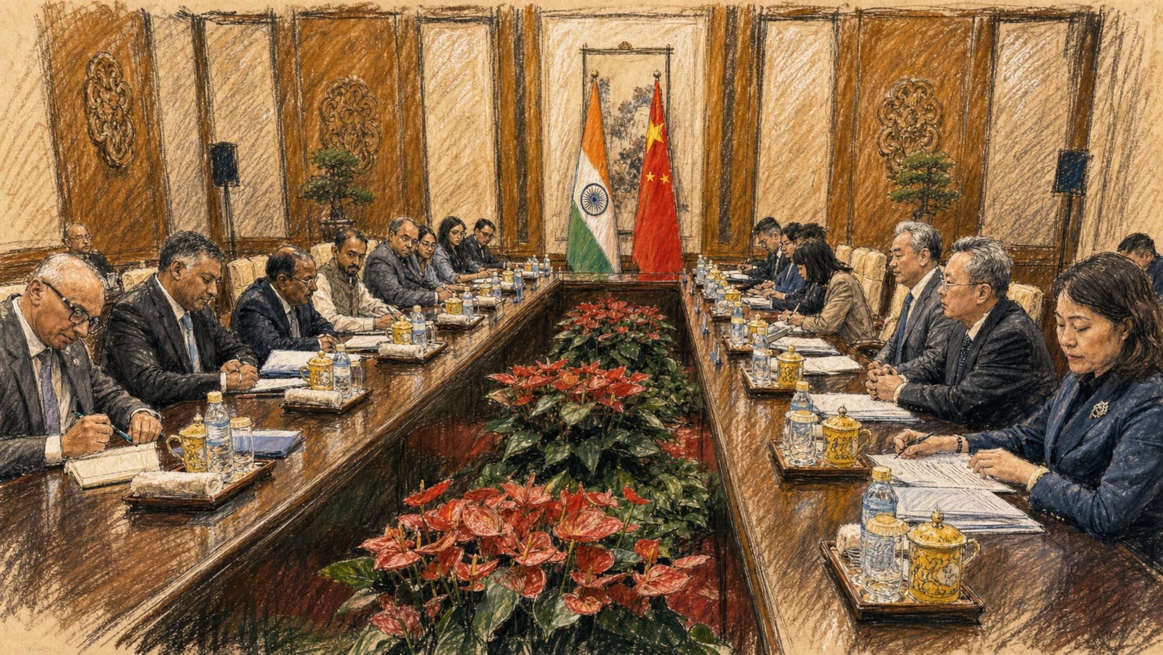 Courtroom-sketch editorial illustration of Indian and Chinese delegations meeting across a long table beneath their national flags, rendered in warm ochre and slate-blue pastel strokes.