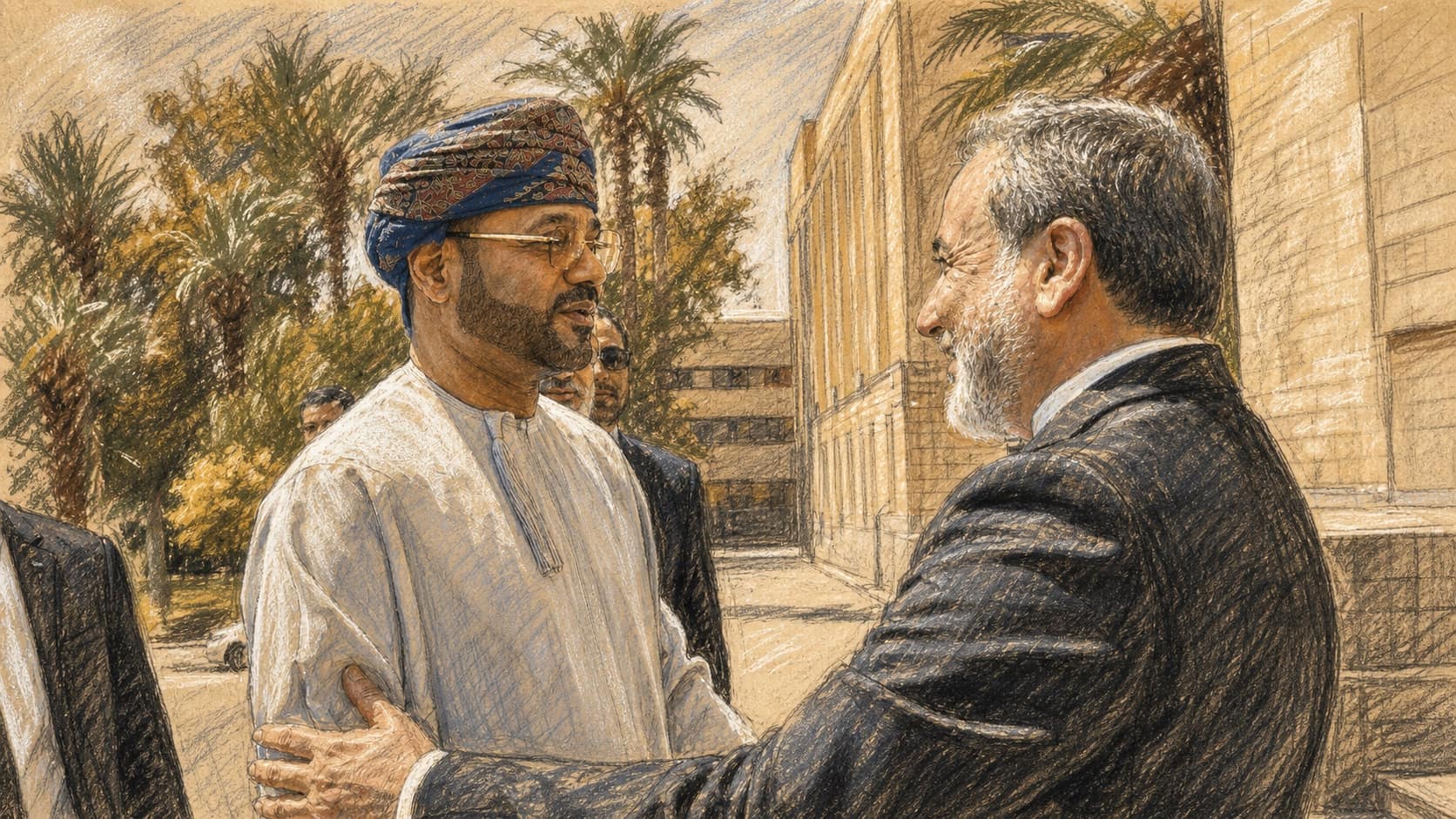 Courtroom-sketch editorial illustration of Omani Foreign Minister Badr al-Busaidi greeting Iranian Foreign Minister Abbas Araghchi outside a government building, rendered in warm ochre and slate-blue pastel strokes.