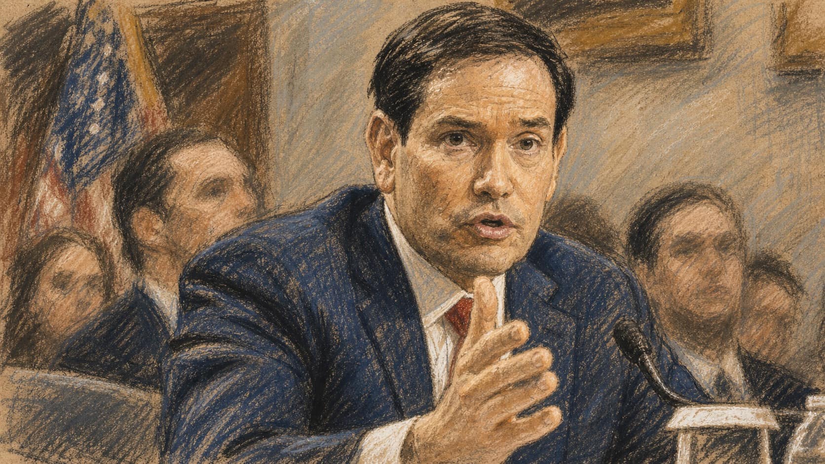 Courtroom-sketch editorial illustration of Marco Rubio speaking and gesturing at a microphone during a formal hearing, rendered in warm ochre and slate-blue pastel strokes.