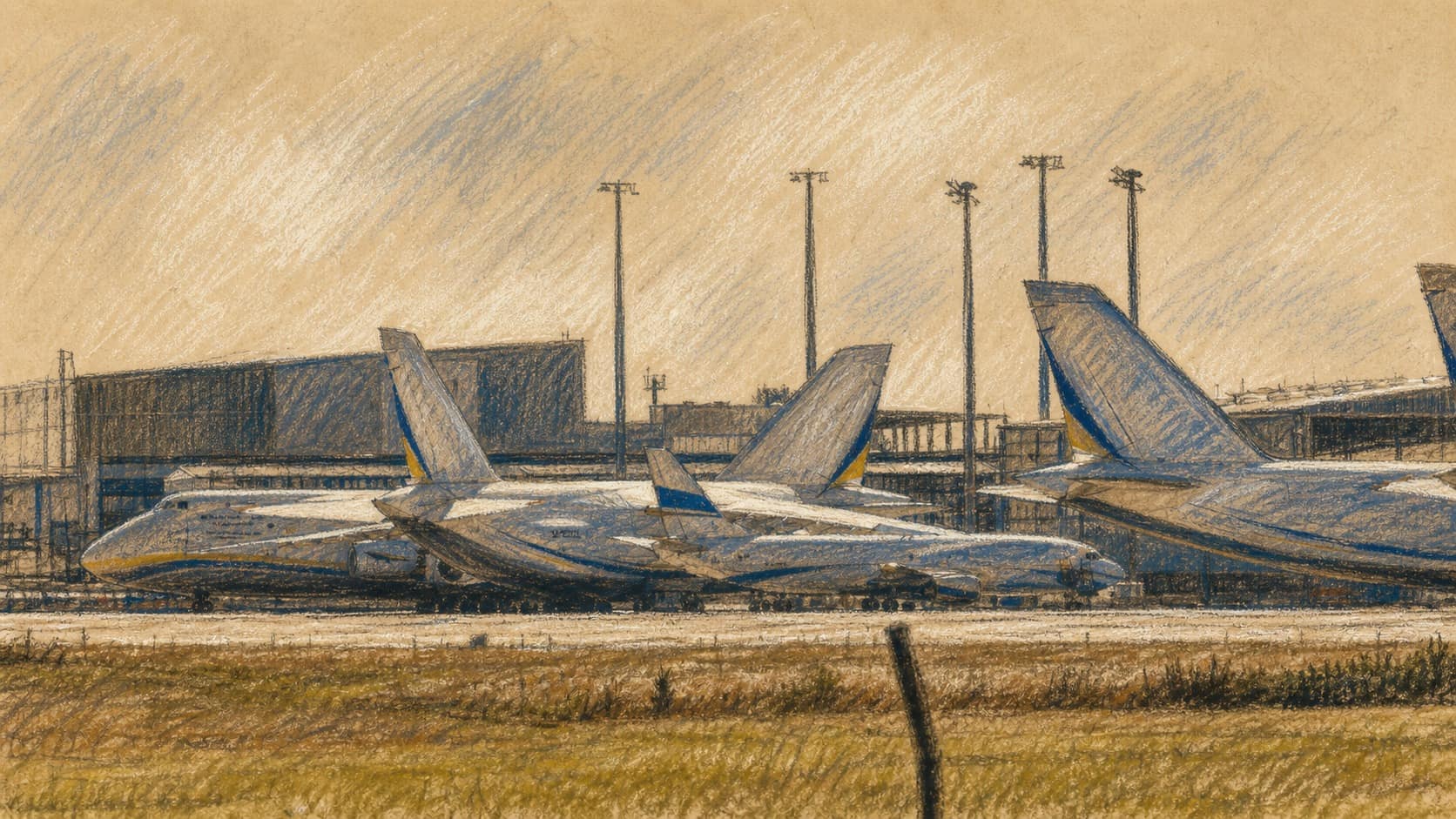 Courtroom-sketch editorial illustration of three large cargo aircraft parked side by side at Leipzig/Halle Airport, rendered in warm ochre and slate-blue pastel strokes.