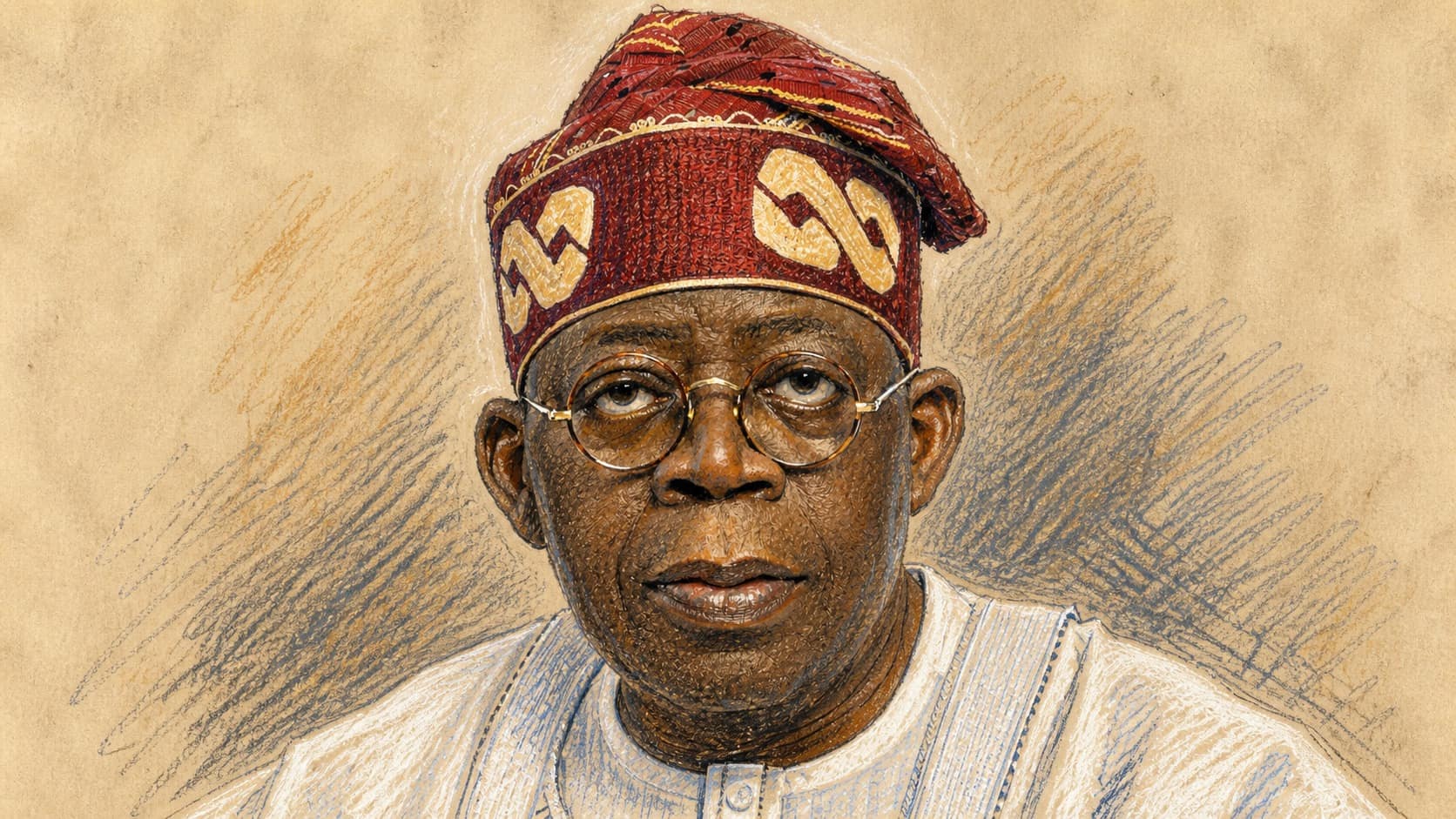 Courtroom-sketch editorial illustration of Nigerian President Bola Tinubu wearing round glasses, a patterned red cap and white traditional clothing, rendered in warm ochre and slate-blue pastel strokes.