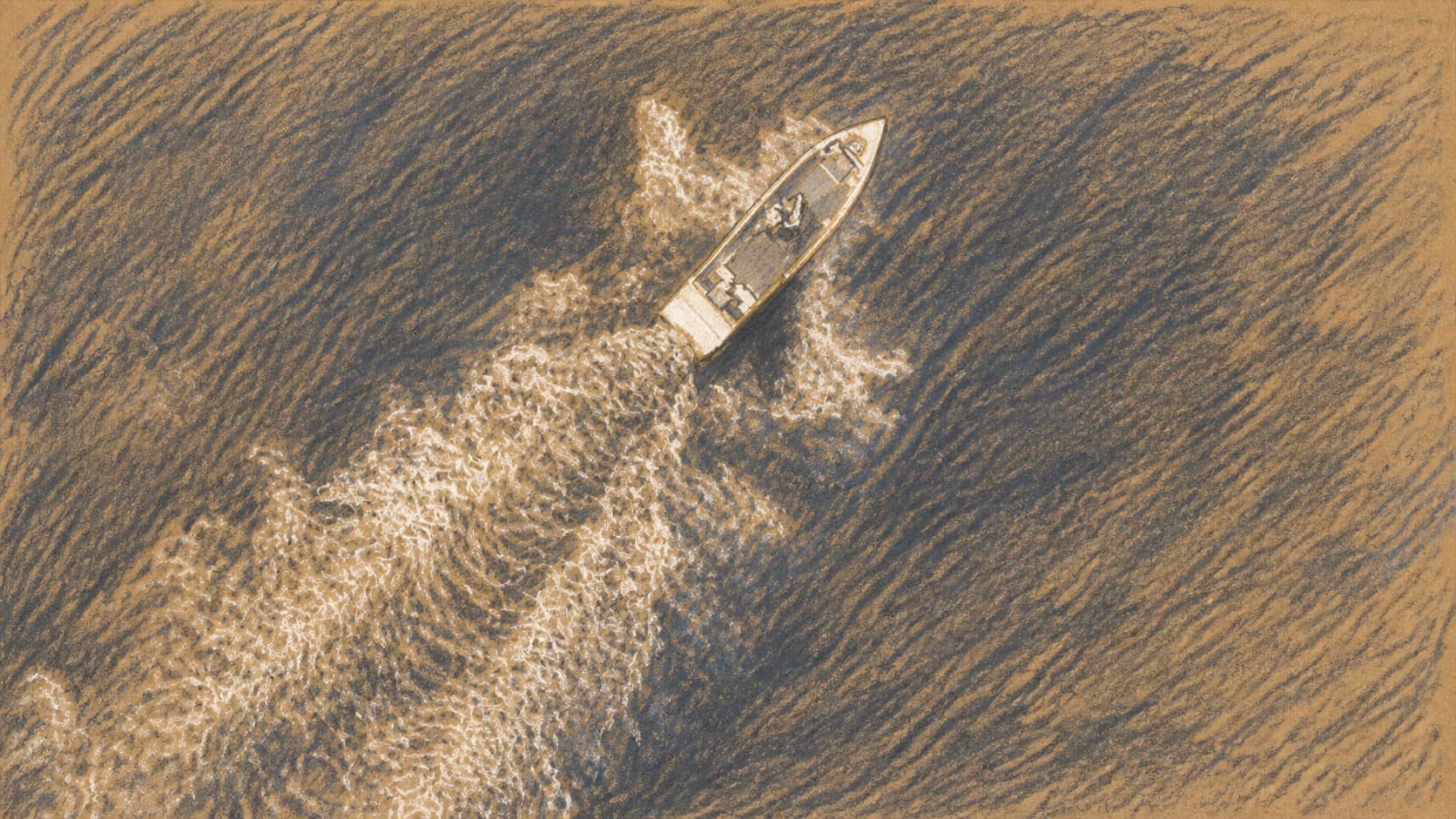 Courtroom-sketch editorial illustration of a small motorboat speeding diagonally across the sea and leaving a long churning wake, rendered in warm ochre and slate-blue pastel strokes.