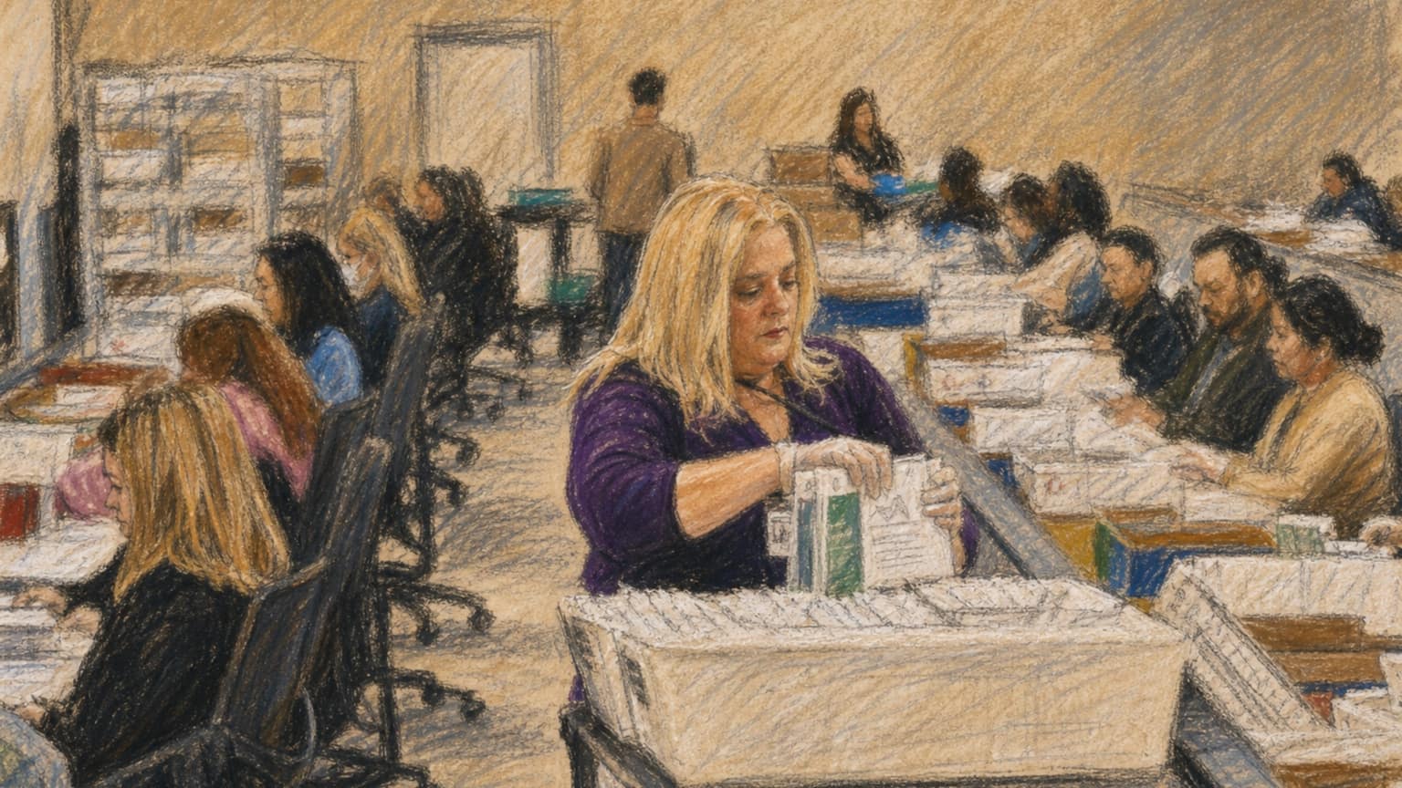 Courtroom-sketch editorial illustration of election workers sorting mail ballots around rows of postal trays in a large processing center, rendered in warm ochre and slate-blue pastel strokes.