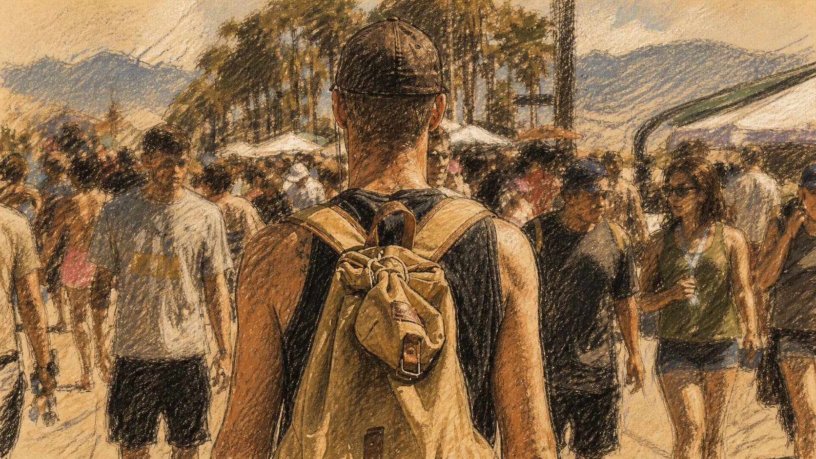 Courtroom-sketch editorial illustration of a backpacker viewed from behind wearing a cap and tan backpack amid a sunlit outdoor crowd, rendered in warm ochre and slate-blue pastel strokes.