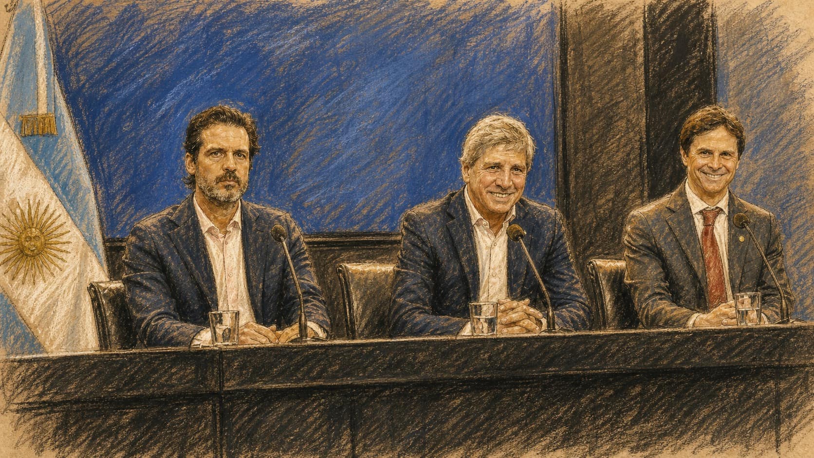Courtroom-sketch editorial illustration of three Argentine economic officials seated behind a press-conference desk with microphones, water glasses, the national flag, and a blue backdrop, rendered in warm ochre and slate-blue pastel strokes.