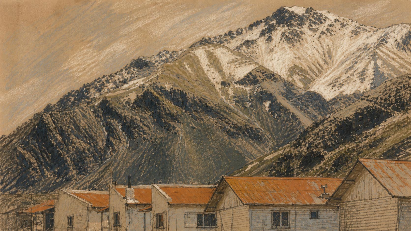 Courtroom-sketch editorial illustration of one-story houses with rust-orange roofs beneath snow-streaked Andes mountains at Las Cuevas in Mendoza, rendered in warm ochre and slate-blue pastel strokes.
