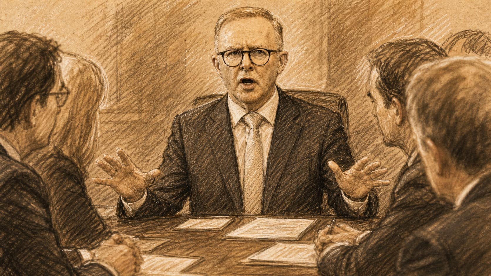 Courtroom-sketch editorial illustration of Anthony Albanese chairing an intergovernmental policy meeting with paper documents and delegates seated around a conference table, rendered in warm monochrome sepia pastel strokes.