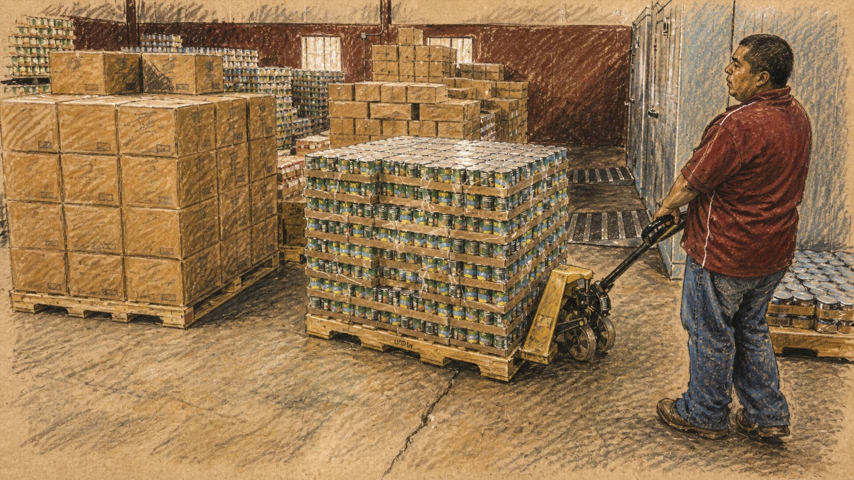 Courtroom-sketch editorial illustration of a food-distribution warehouse worker moving a pallet of canned goods between stacks of boxed food, rendered in warm ochre and slate-blue pastel strokes.