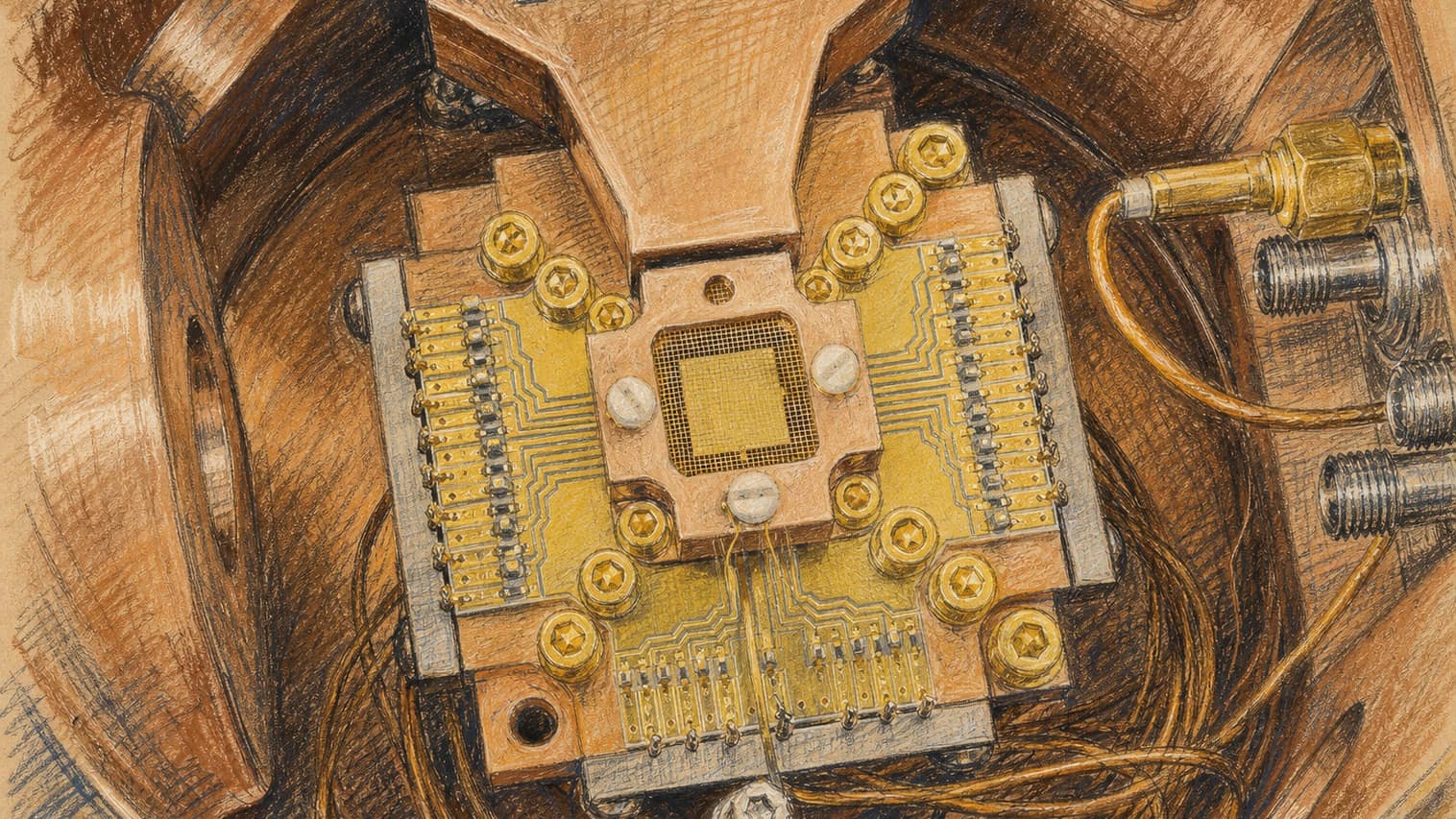 Courtroom-sketch editorial illustration of a gold ion-trap chip and fine wiring mounted inside a circular copper vacuum chamber, rendered in warm ochre and slate-blue pastel strokes.