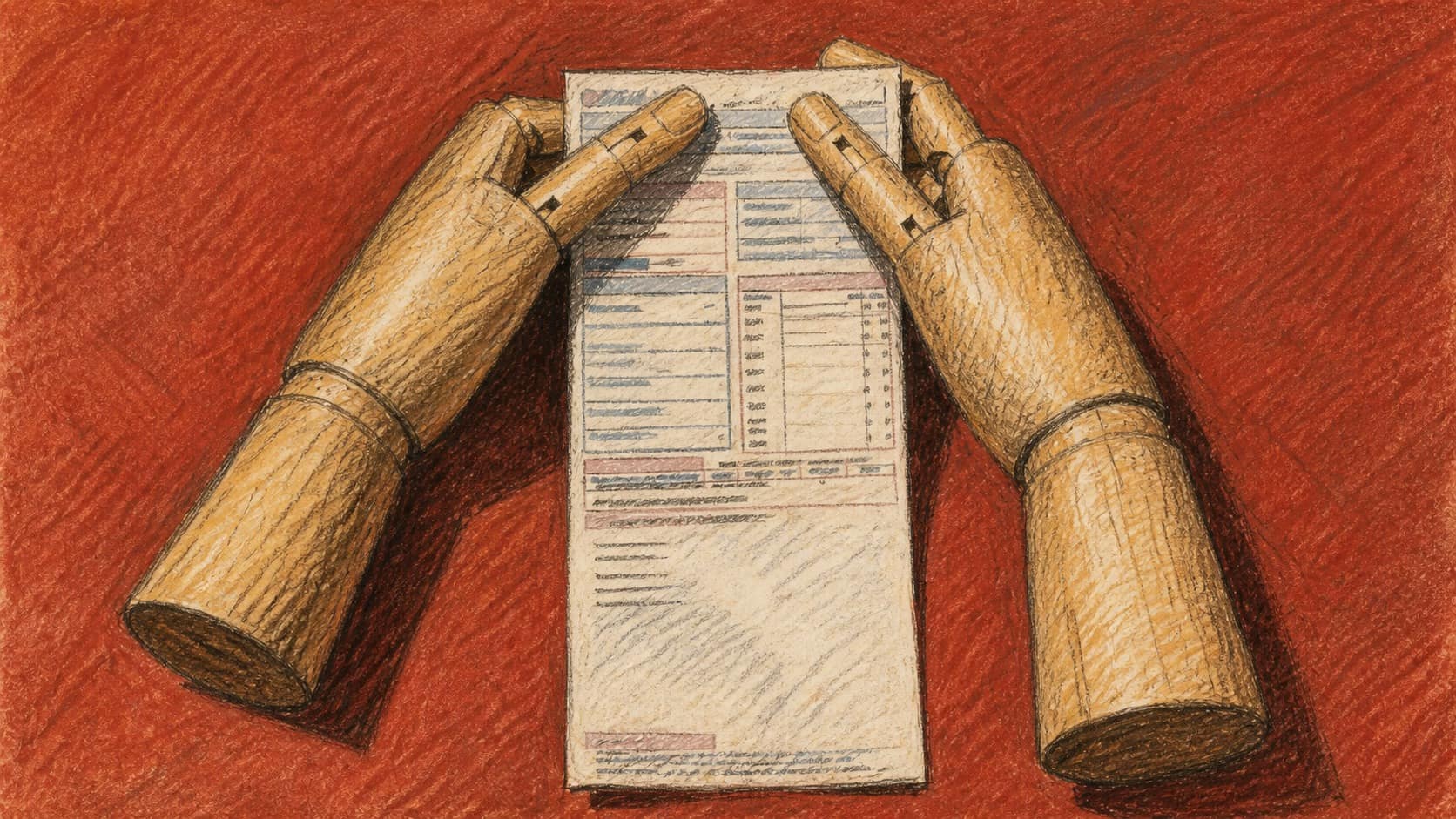 Courtroom-sketch editorial illustration of two wooden mannequin hands holding a household electricity bill against a red background, rendered in warm ochre and slate-blue pastel strokes.