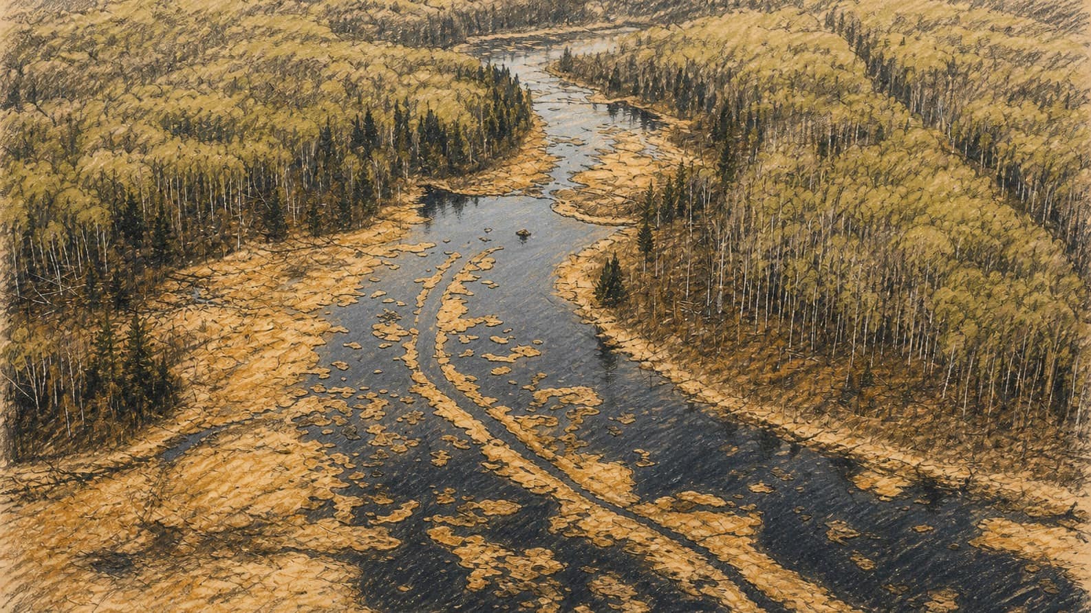Courtroom-sketch editorial illustration of narrow waterways and golden wetlands winding through dense boreal forest around Cold Lake, rendered in warm ochre and slate-blue pastel strokes.