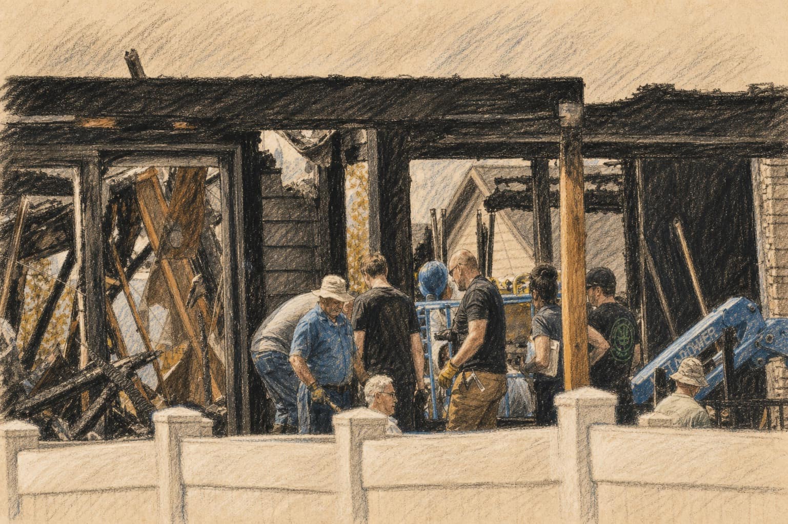 Courtroom-sketch editorial illustration of emergency responders working amid the charred frame of a fire-damaged Billings home, rendered in warm ochre and slate-blue pastel strokes.