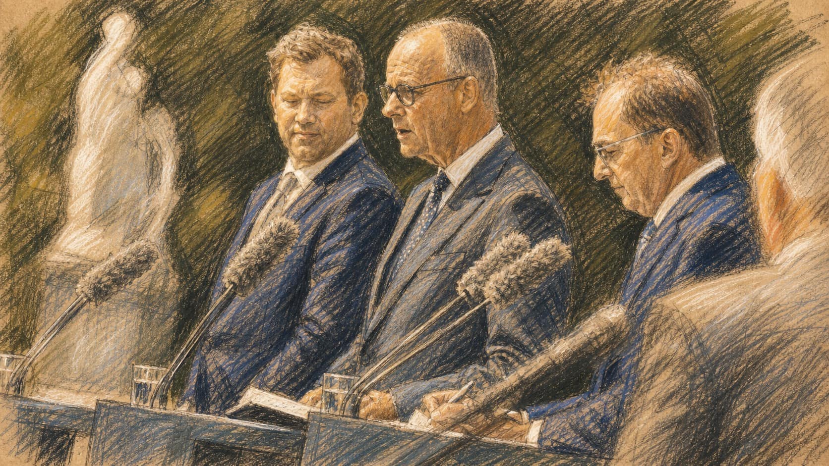 Courtroom-sketch editorial illustration of three German cabinet figures standing at outdoor press lecterns while the central speaker addresses microphones, rendered in warm ochre and slate-blue pastel strokes.