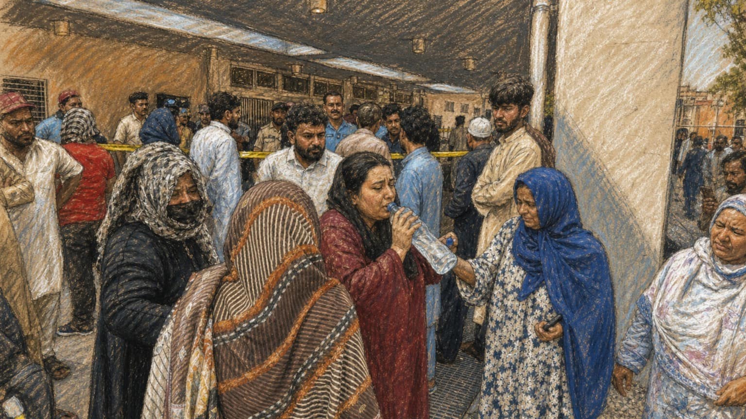 Courtroom-sketch editorial illustration of grieving families and other bystanders gathered outside an Islamabad hospital behind yellow emergency tape, rendered in warm ochre and slate-blue pastel strokes.