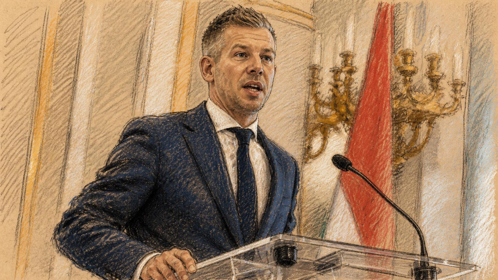 Courtroom-sketch editorial illustration of a suited Hungarian official speaking behind a clear lectern beside the national flag in an ornate ceremonial room, rendered in warm ochre and slate-blue pastel strokes.