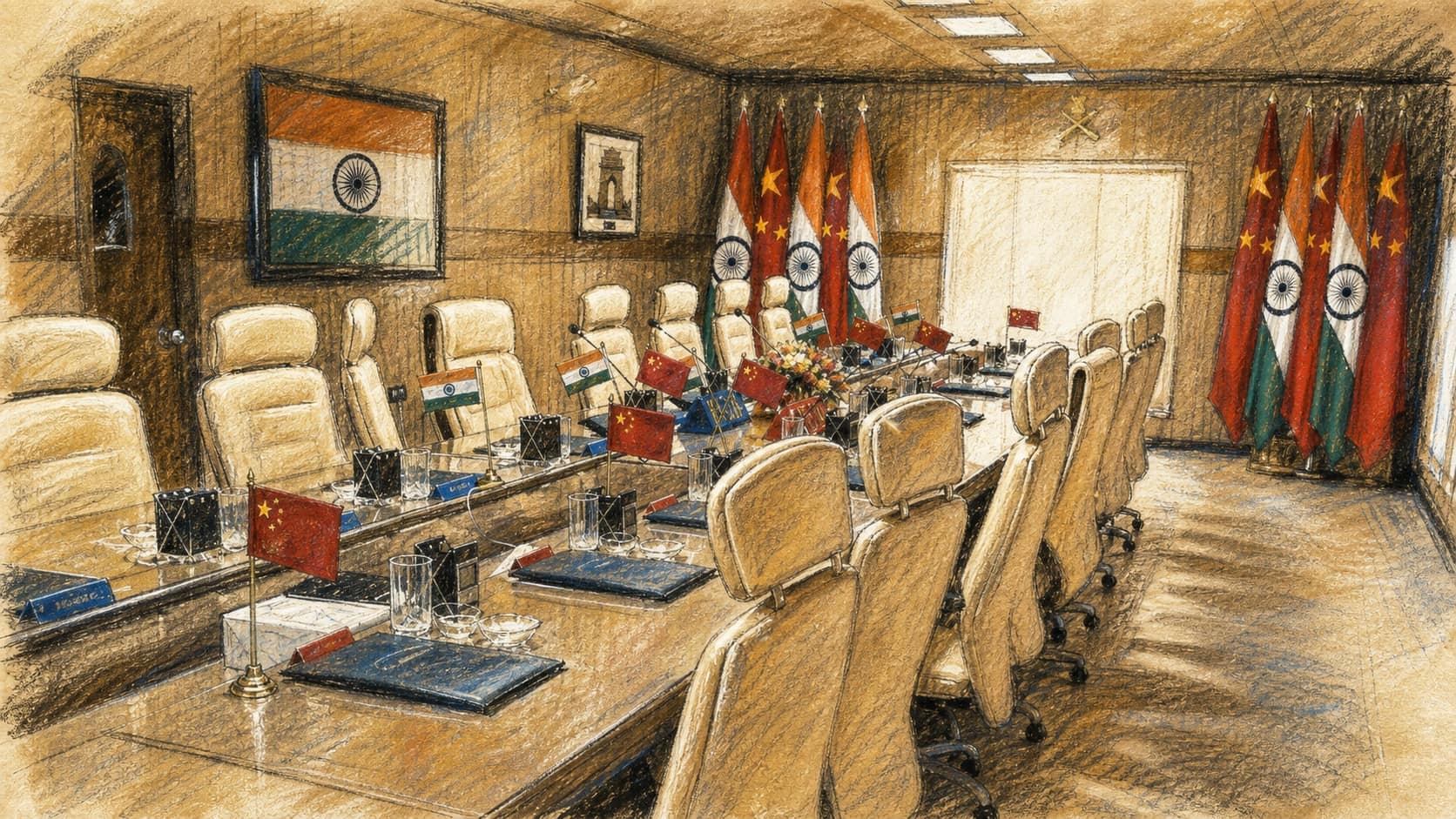 Courtroom-sketch editorial illustration of an empty India-China border conference hall with a long meeting table, cream chairs, desk flags, and alternating national flags, rendered in warm ochre and slate-blue pastel strokes.