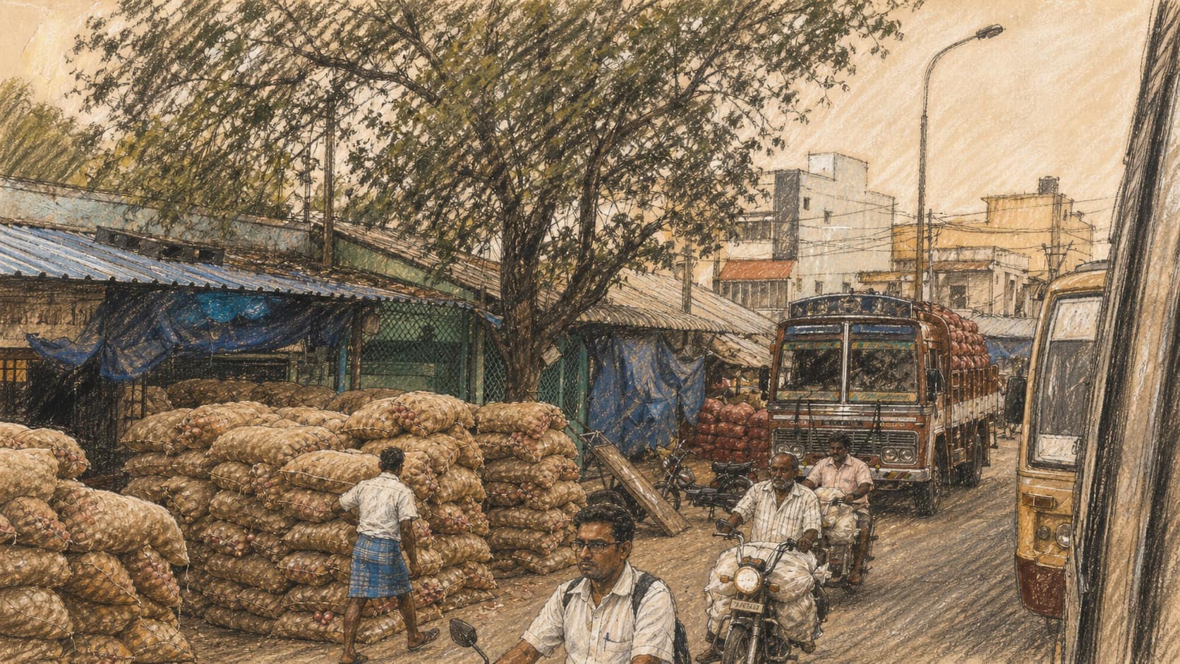 Courtroom-sketch editorial illustration of onion sacks stacked beside a busy Indian wholesale-market lane as workers, motorcycles, buses, and a loaded goods truck move through, rendered in warm ochre and slate-blue pastel strokes.