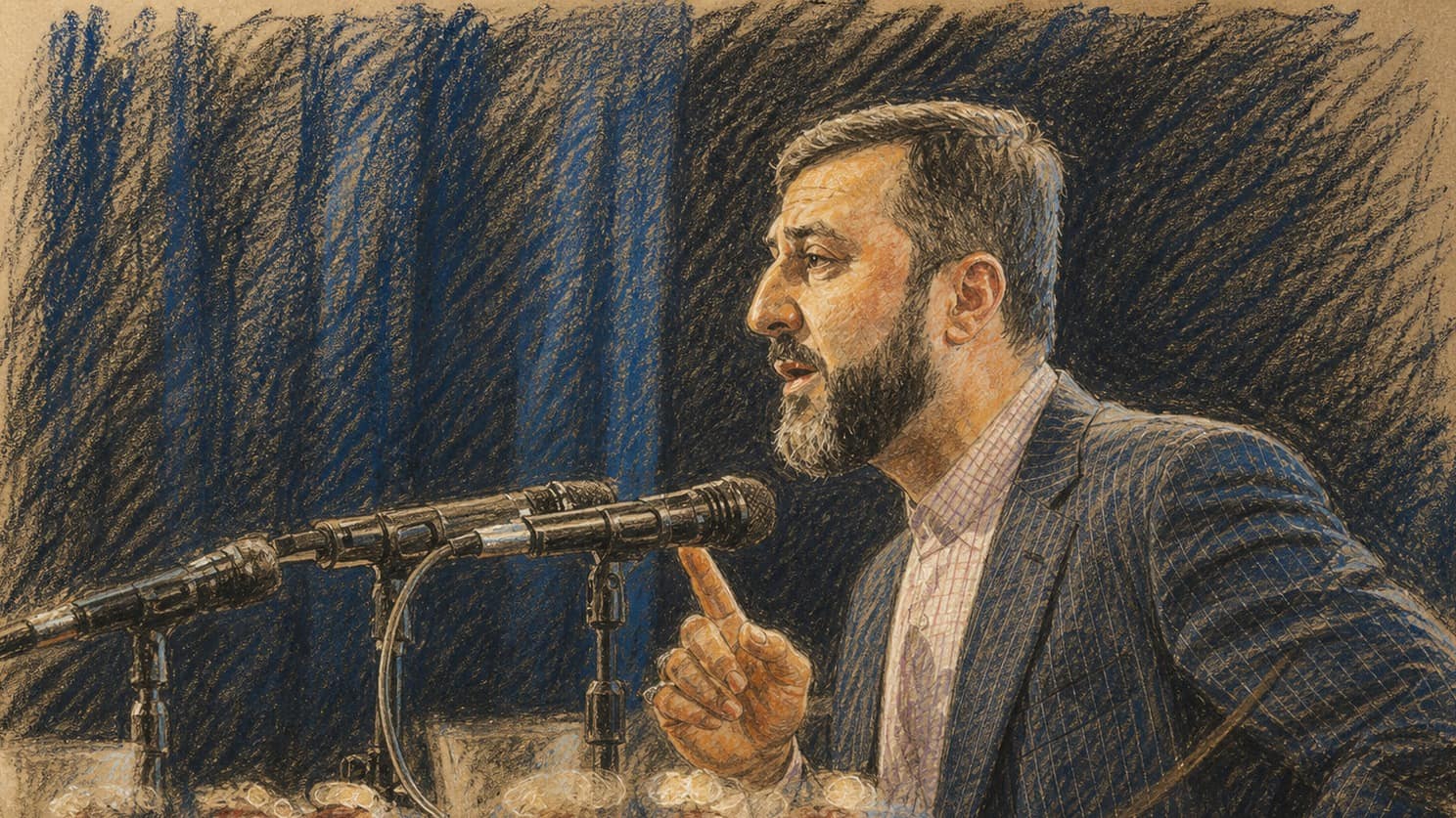 Courtroom-sketch editorial illustration of a bearded official gesturing with a raised index finger while speaking into microphones at a red-draped table, rendered in warm ochre and slate-blue pastel strokes.