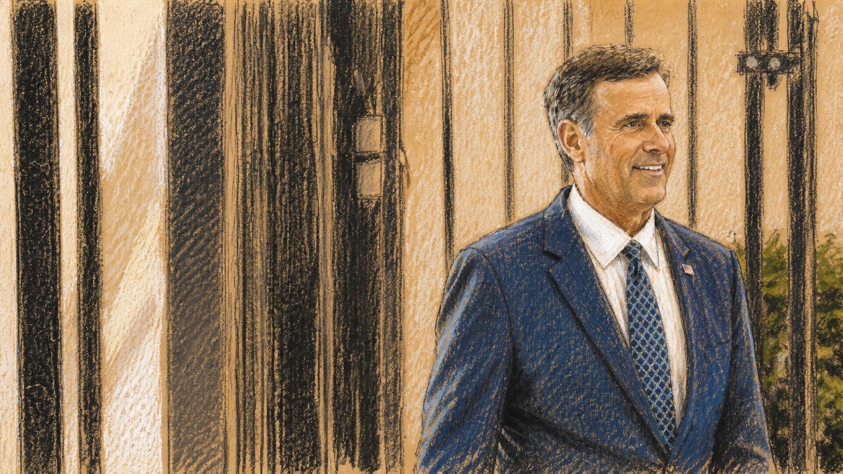 Courtroom-sketch editorial illustration of CIA Director John Ratcliffe in a navy suit walking beside the White House colonnade, rendered in warm ochre and slate-blue pastel strokes.